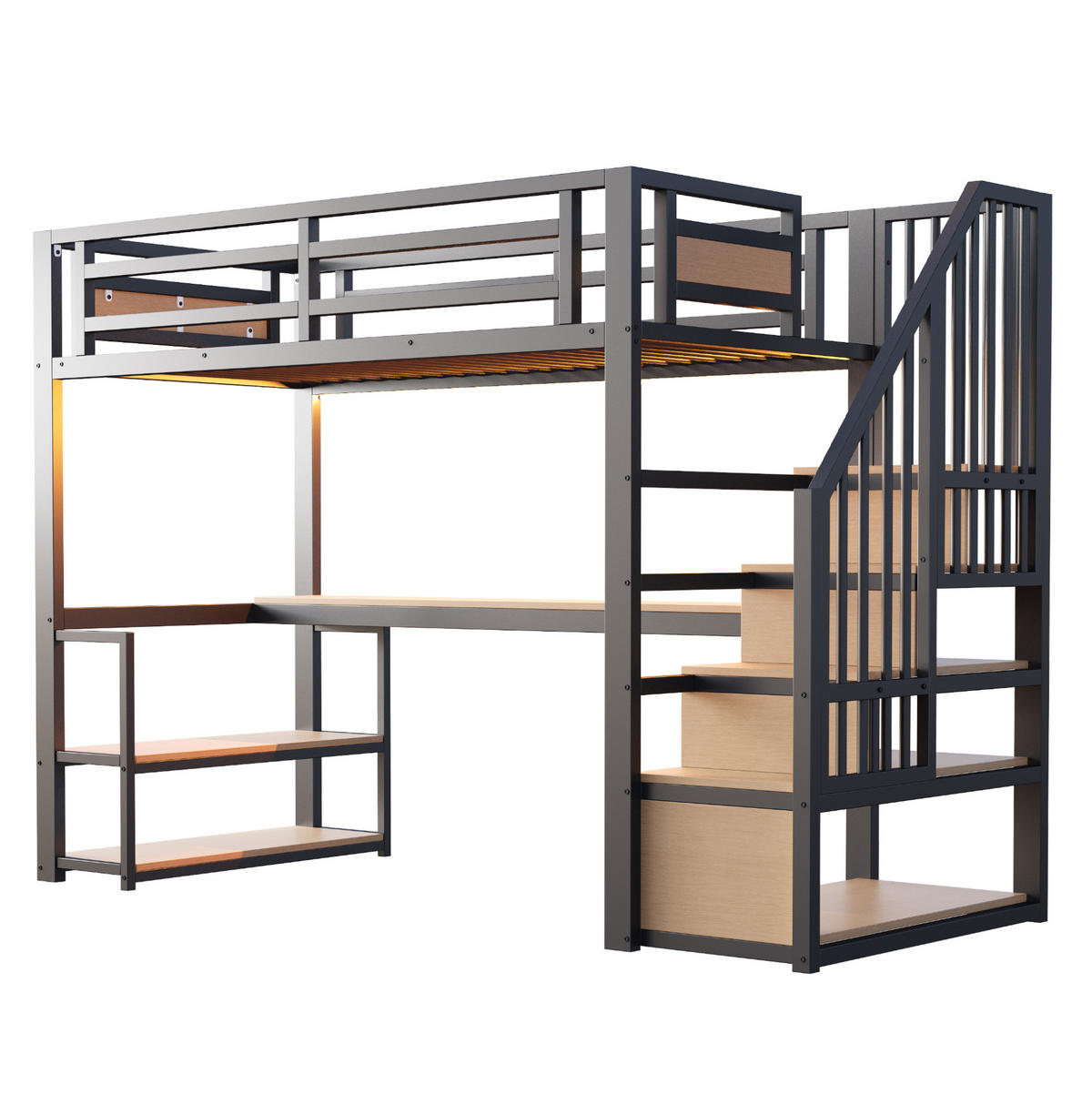 HOCHBETT 90/200 cm, Schwarz mit Tisch, Regalen und Leiter - Schwarz, Metall (90/200cm) - MIVRAY