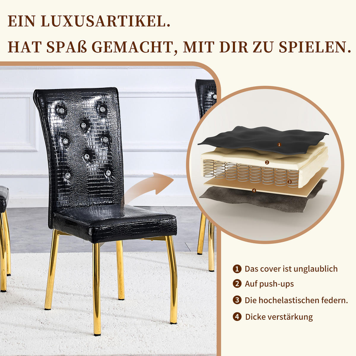 STUHL-SET DE-36774 4 Stück mit Krokodil-Prägung und vergoldeten Metallbeinen Schwarz - Schwarz, Metall (42/101/61.5cm) - ComfortXL