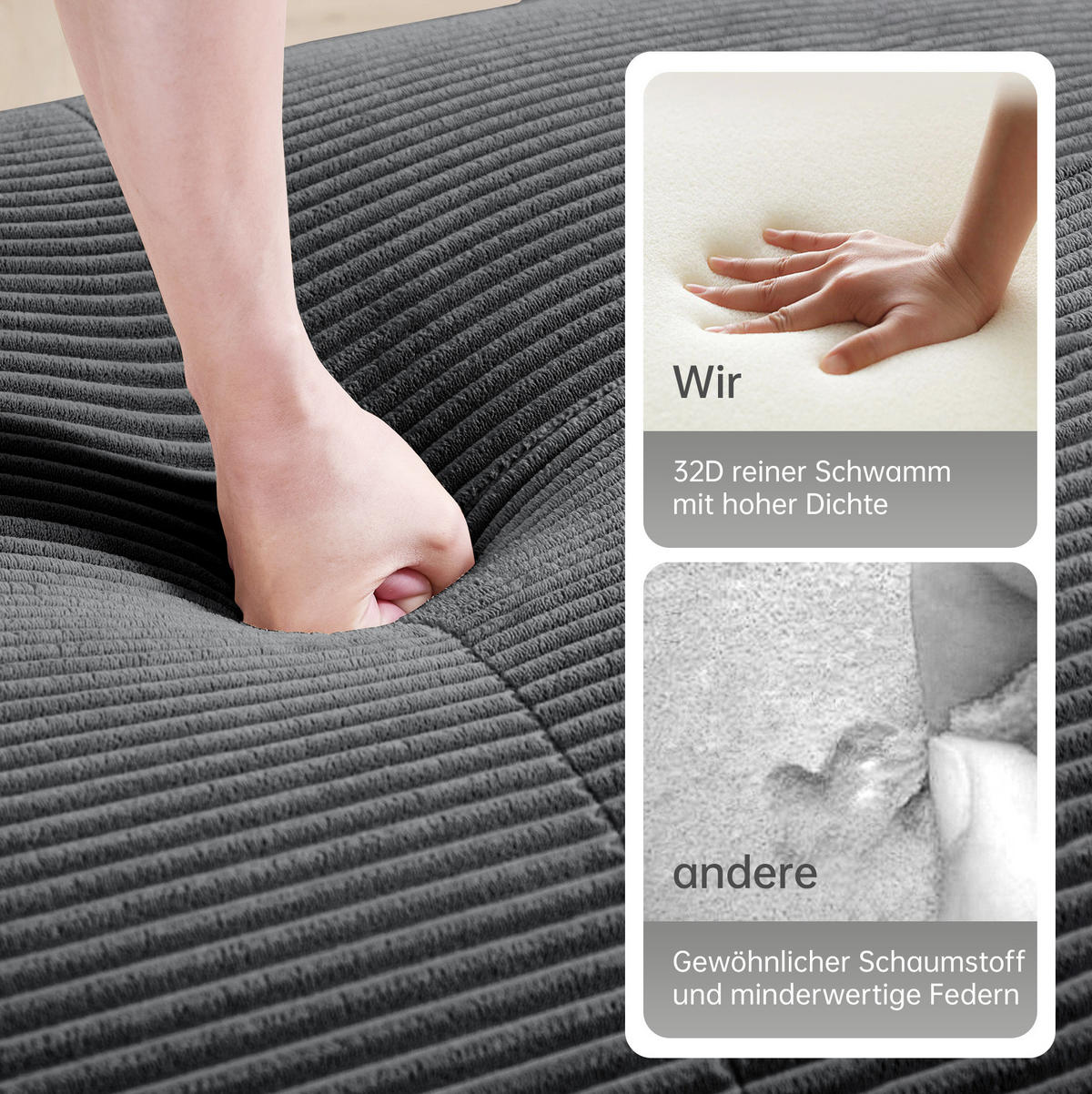 SOFA 208/103/70 cm in Grau aus Cord mit modularer Form und rutschfester Unterseite - Grau, Textil (103/70/208cm) - Flora Grace