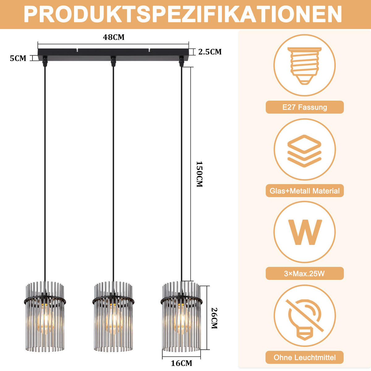 PENDELLEUCHTE Willow 48/5/150 cm - Schwarz, Glas (48/5/150cm) - ZMH