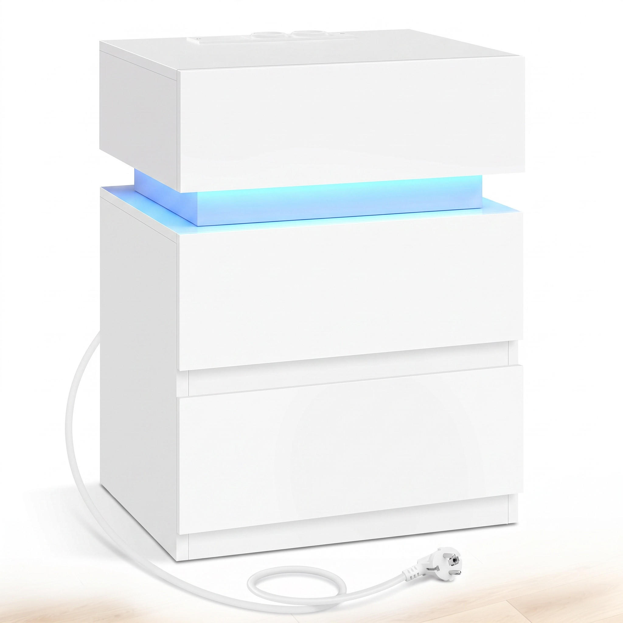 NACHTTISCH Weiß mit Steckdosen und USB-Anschlüssen - Nachtschrank mit LED-Beleuchtung mit 2 Schubladen - Weiß, Holzwerkstoff (40/55/35cm) - DELFA