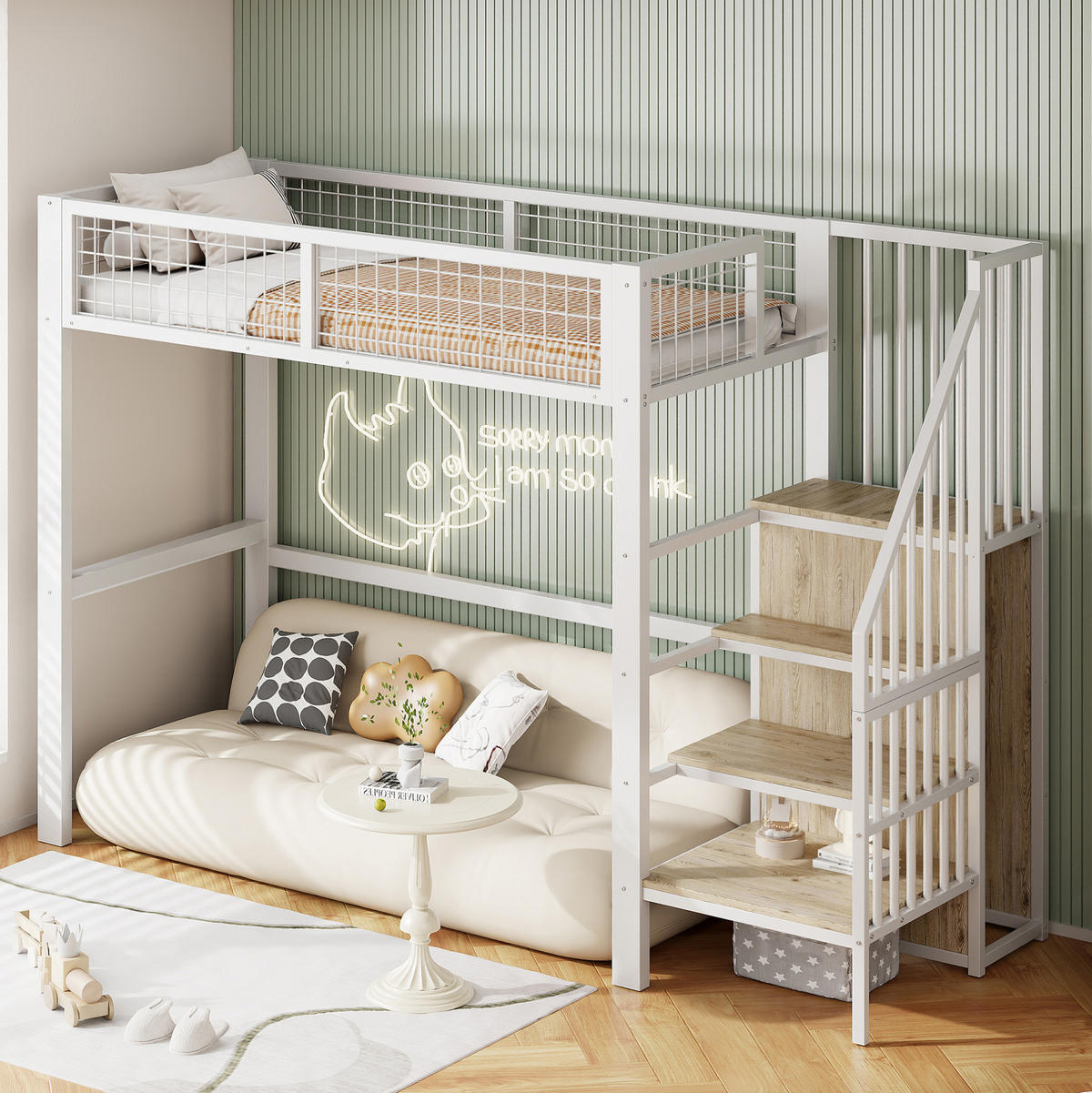 HOCHBETT 90/200 cm Weiß mit Sicherheitsleiter und Kleiderschrank mit Matratze - Weiß, Metall (90/200cm) - OKWISH