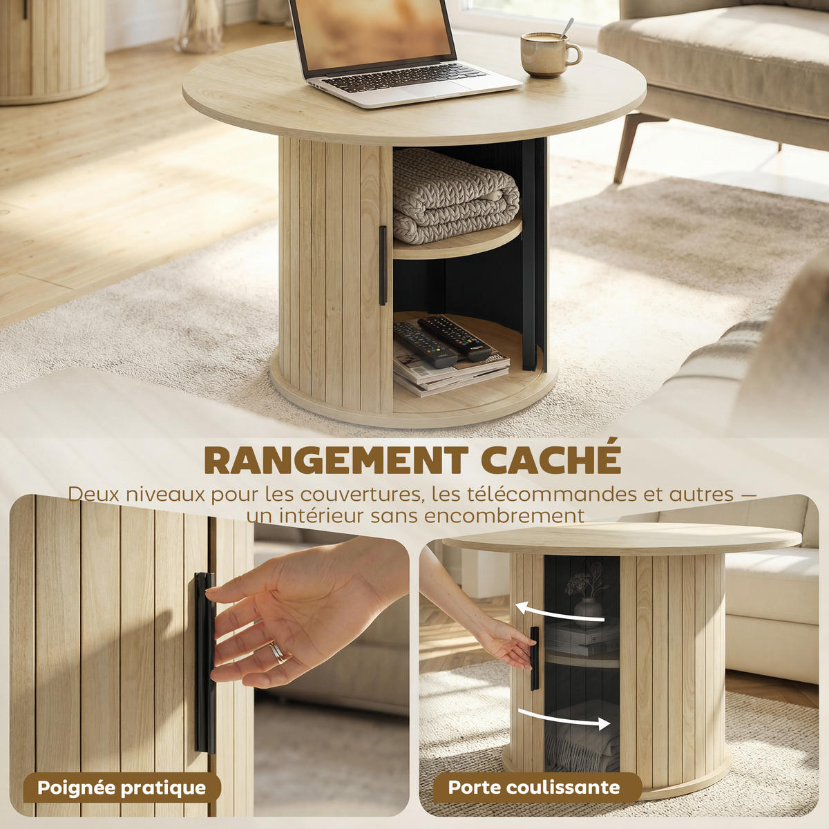 COUCHTISCH DE-15840 versteckter Stauraum mit Schiebetür Naturholz - Naturfarben, Holzwerkstoff (80/80/50cm) - ComfortXL