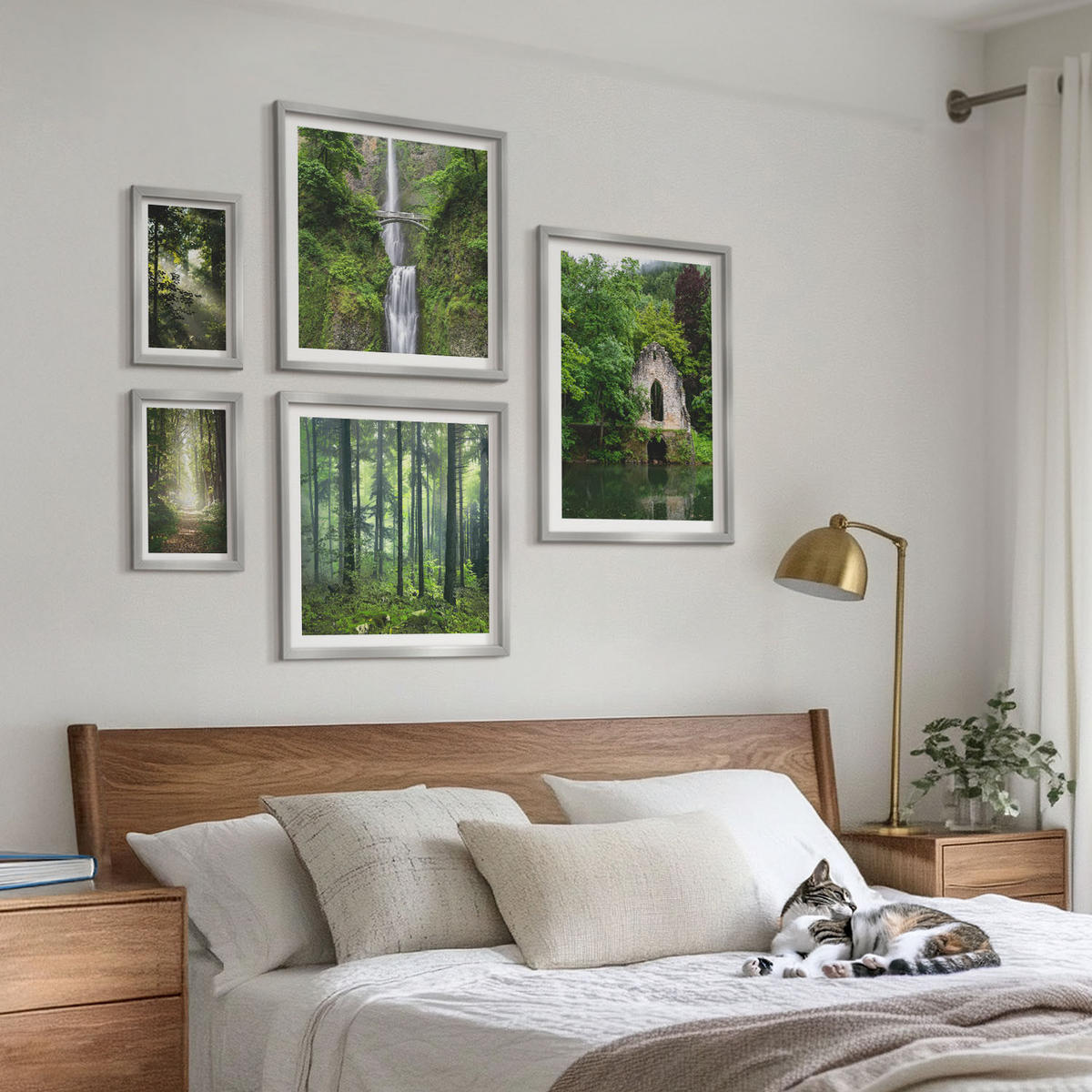 WANDBILDER 5er Set - 50x50 cm & 20x30 cm & 40x60 cm Silberner Rahmen - Grüne Wälder, Lichtstrahlen - Silberfarben, Kunststoff (40/60cm) - ArtPrintCave