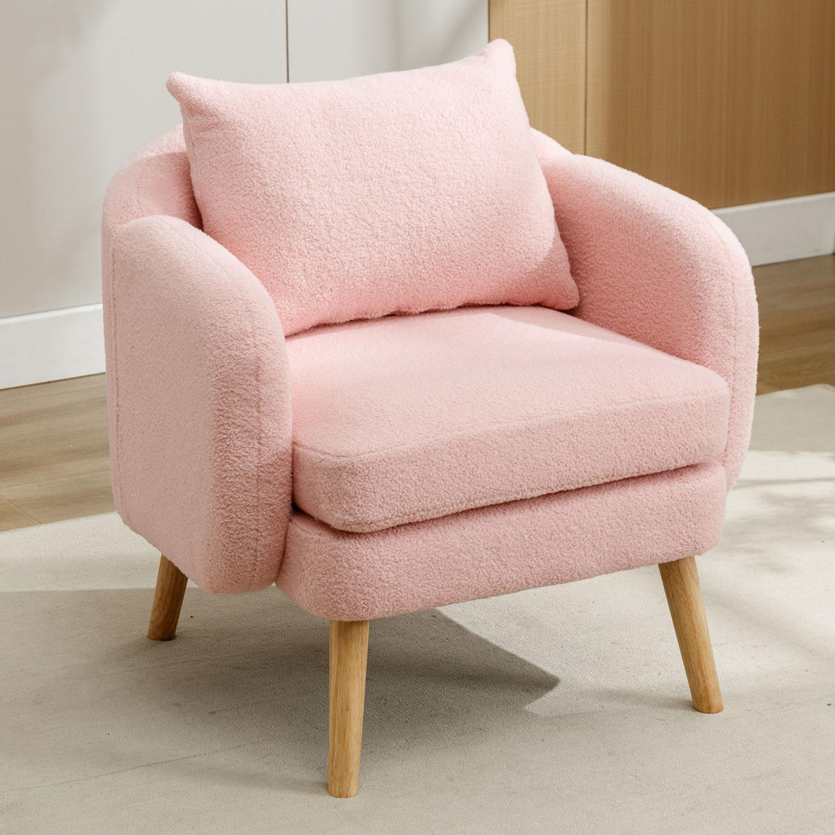 KŘESLO 71/72/71 cm růžové z teddy sametu s polštářem a silným sedákem - růžová, textil (72/71/71cm) - OKWISH