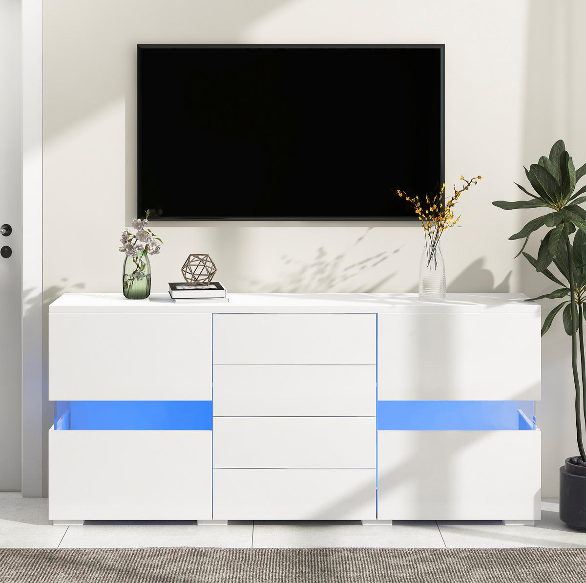 PŘÍBORNÍK z MDF 140x35x72 cm bílý s LED osvětlením, 4 zásuvkami a 2 akrylovými dvířky ve vysokém lesku - bílá, kompozitní dřevo (140/72/35cm) - Modfu