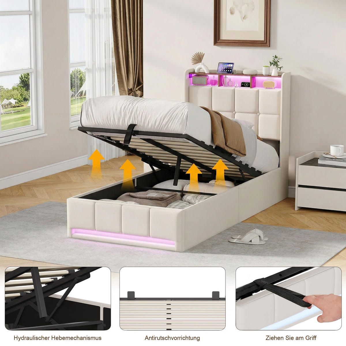 POLSTERBETT 90x200 cm Beige mit LED Beleuchtung, Kopfteil mit Stauraum und USB/Type-C, hydraulisches Stauraumbett - Beige, Metall (90/200cm) - EuroLiving