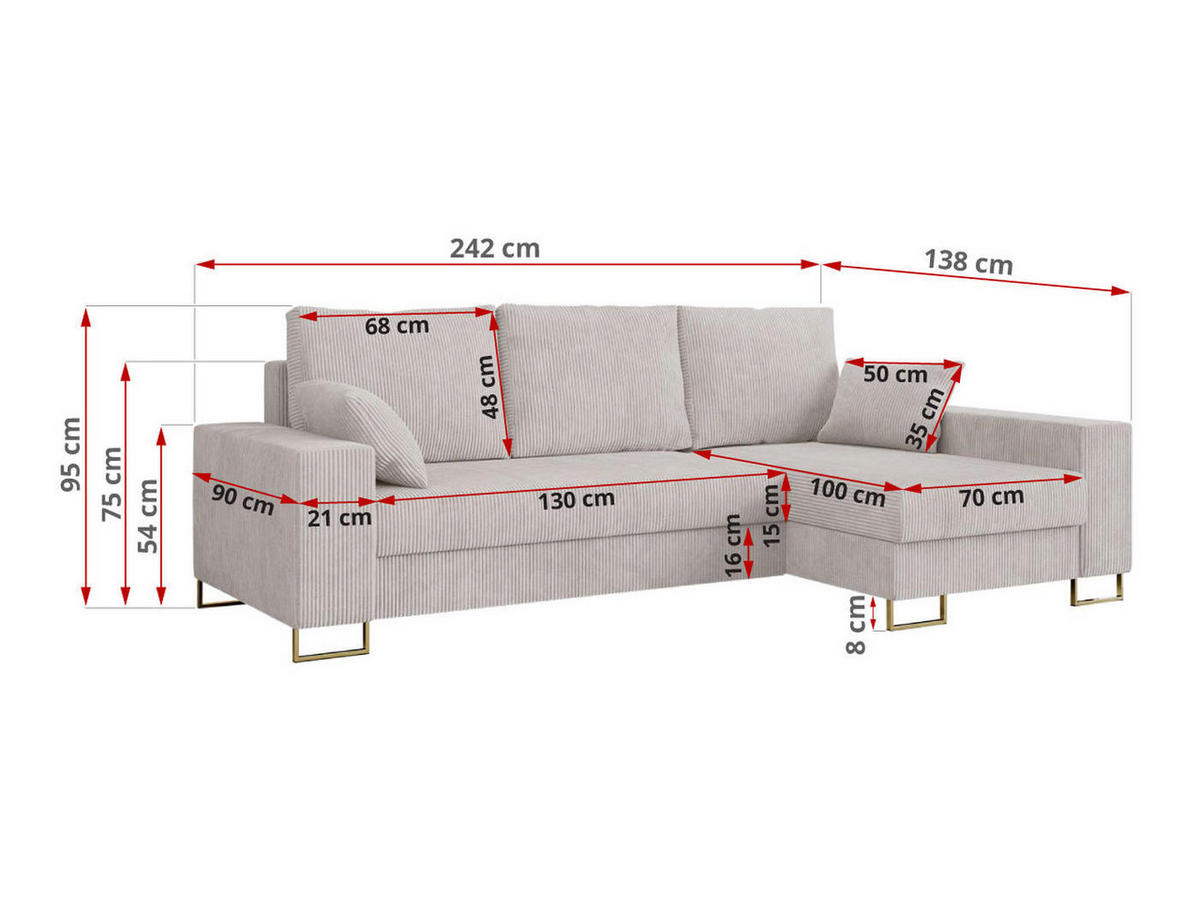 ECKSOFA Dorian Cord Weiß - Goldfarben/Weiß, Textil/Metall (242/138cm) - MKS