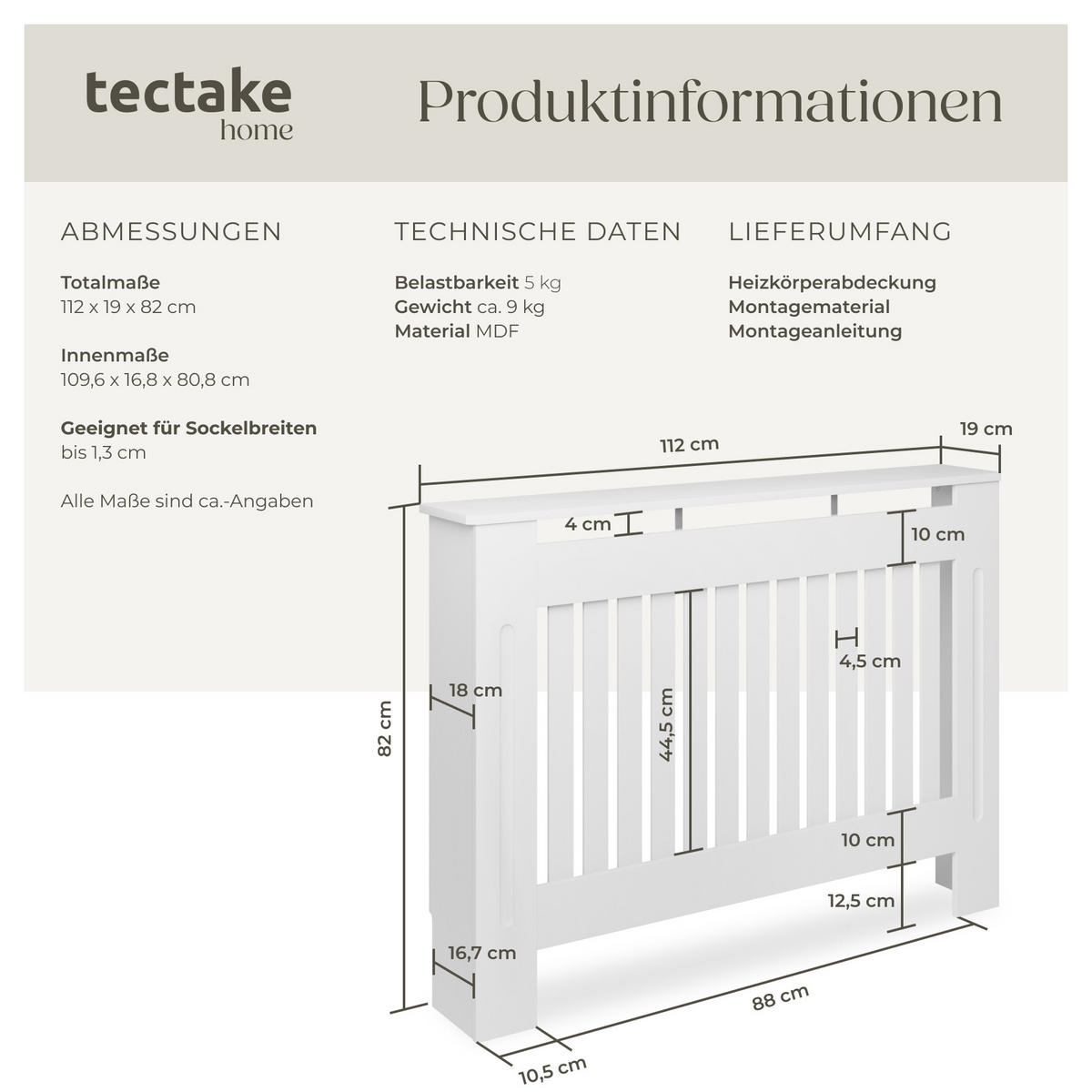 HEIZKÖRPERABDECKUNG Vila,optimale Luftzirkulation,weiß - Weiß, Holz (19/112/82cm) - tectake