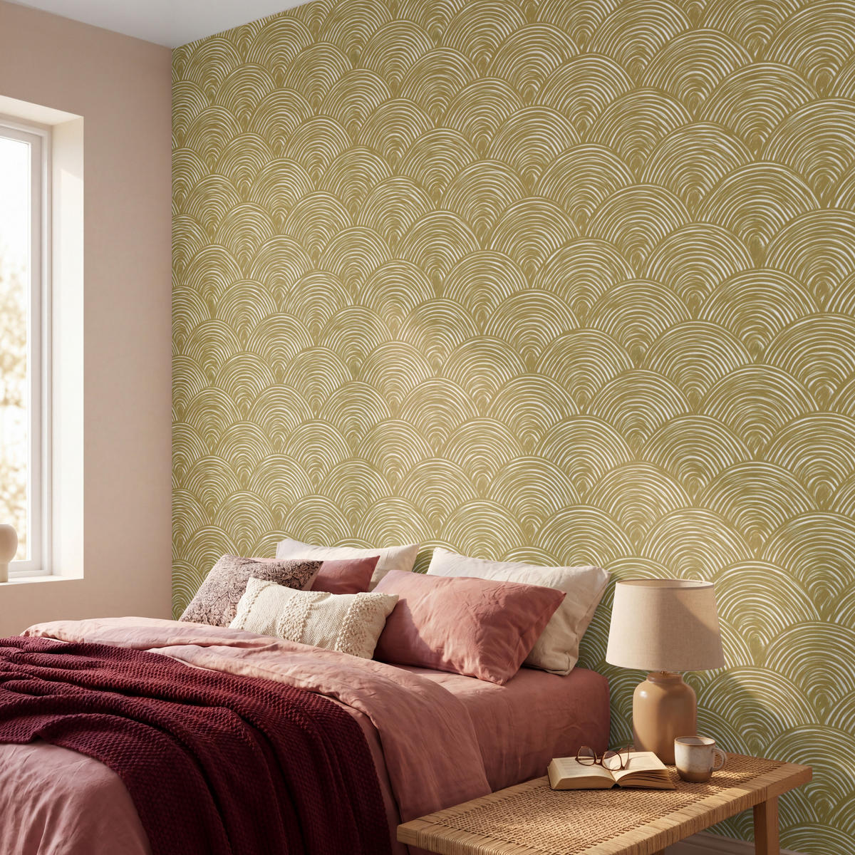 TAPETE - Fächer - Geometrisch - Grün - 280x280 cm - Goldfarben, Papier (280/280cm) - OnlyWow