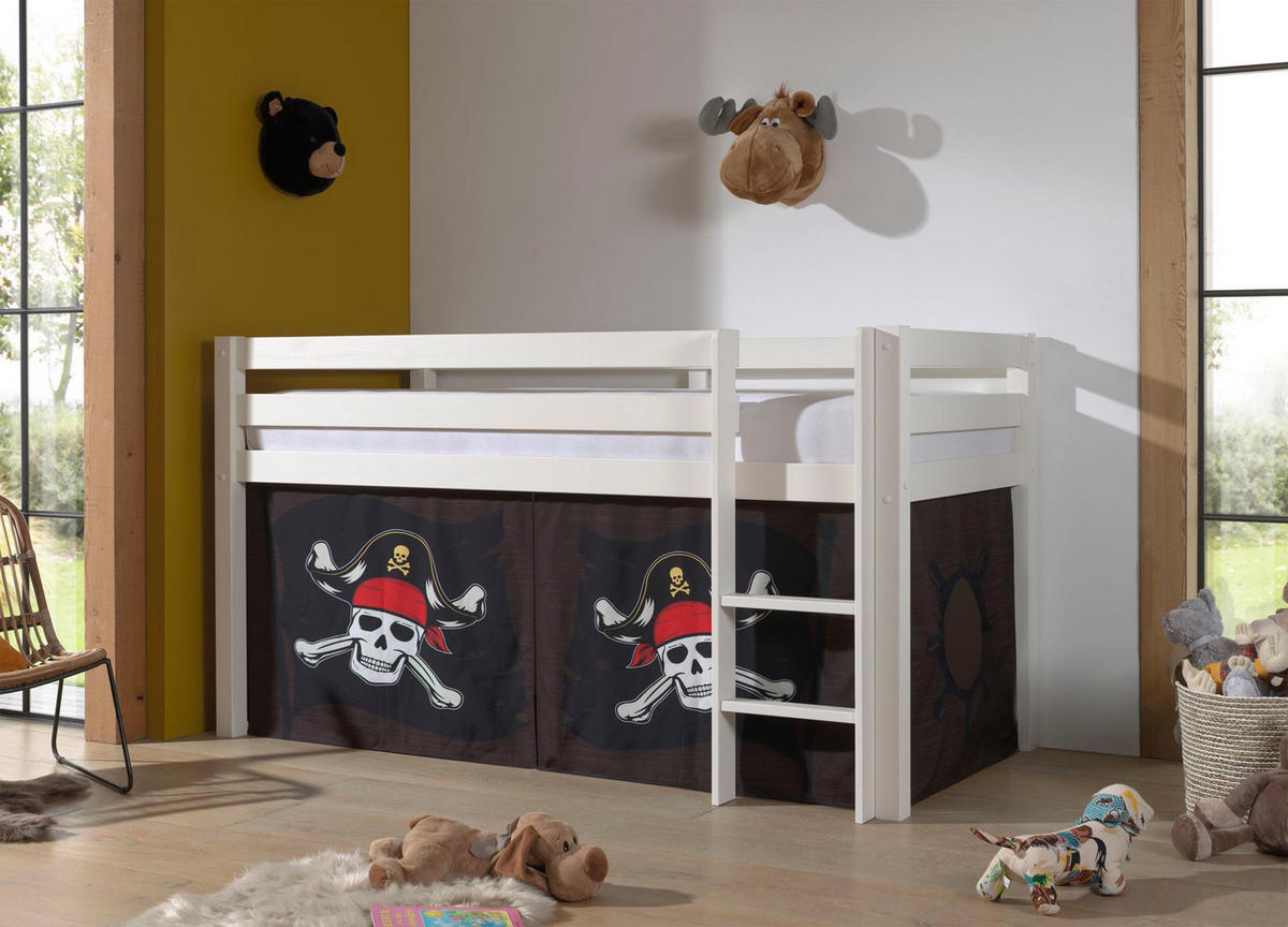 KINDERBETT Karolina 210x114x106 Massivholz Weiß Textilset Caribian - Weiß/Braun, Holz (90/200cm) - 58aufmkessel