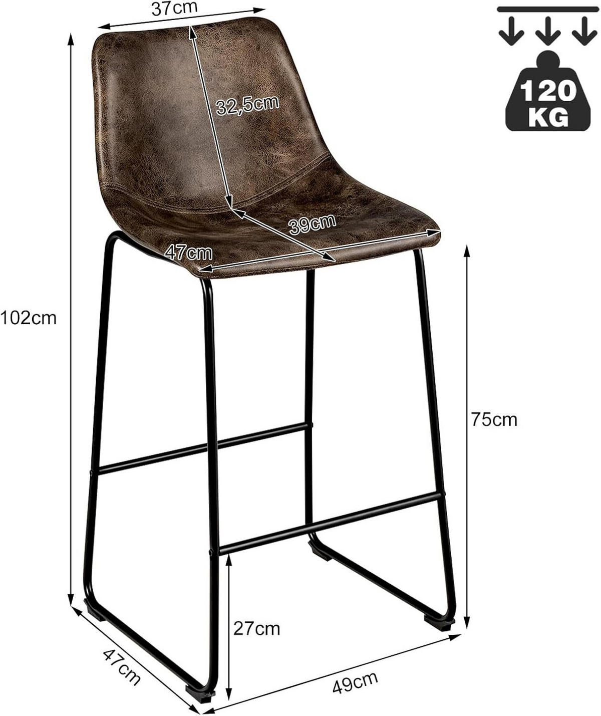 ESSZIMMERSTUHL Barstuhl Braun(2er-Set) - Braun, Metall (55/102/49cm) - COSTWAY