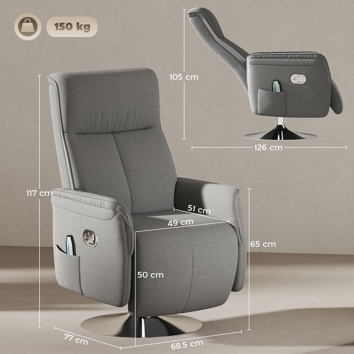 MASSAGESESSEL DE-15433 10 Massagepunkte mit 360° Drehung Grau - Grau, Metall (68.5/117/77cm) - ComfortXL