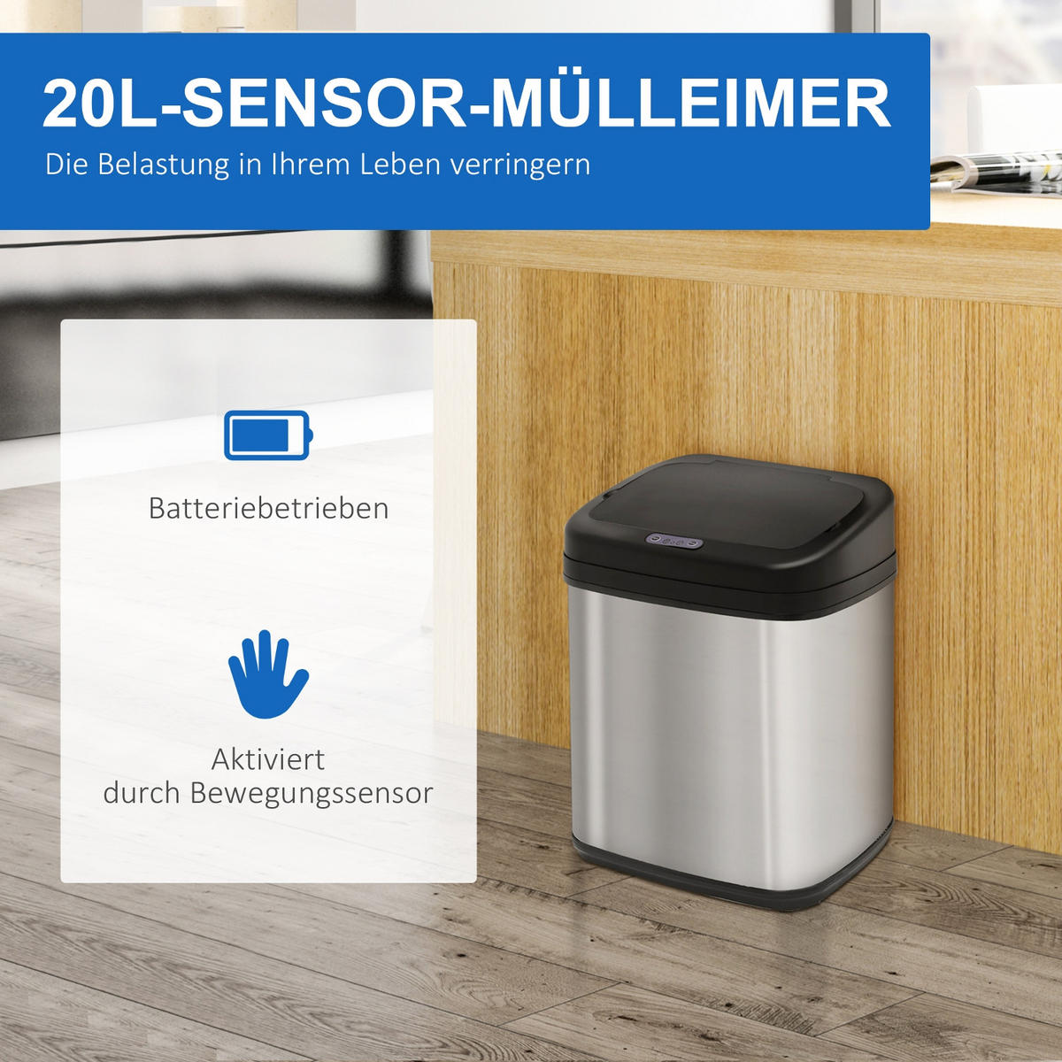 MÜLLEIMER 20L 33/42,5/25 cm Edelstahl Silber-Schwarz MIT BEWEGUNGSSENSOR Küche - Silberfarben, Metall (25/42.5/33cm) - Rolipo