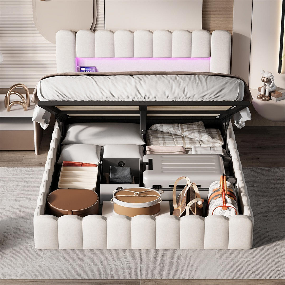 POLSTERBETT 140x200 cm mit hydraulischem Stauraum - LED-Beleuchtung - Gepolstertes Kopfteil - Leinenstoff - Beige - Beige, Textil (140/200cm) - DELFA