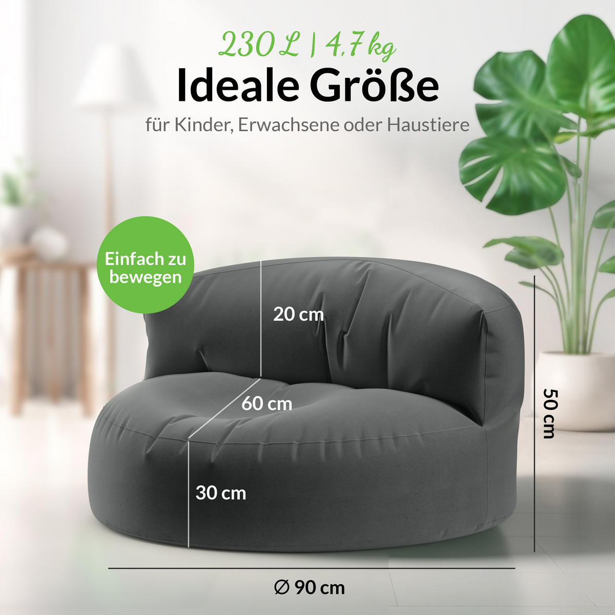 INDOOR OUTDOOR SITZSACK Lounge Sofa - Dunkelgrau, Textil (90/50/50cm) - Green Bean