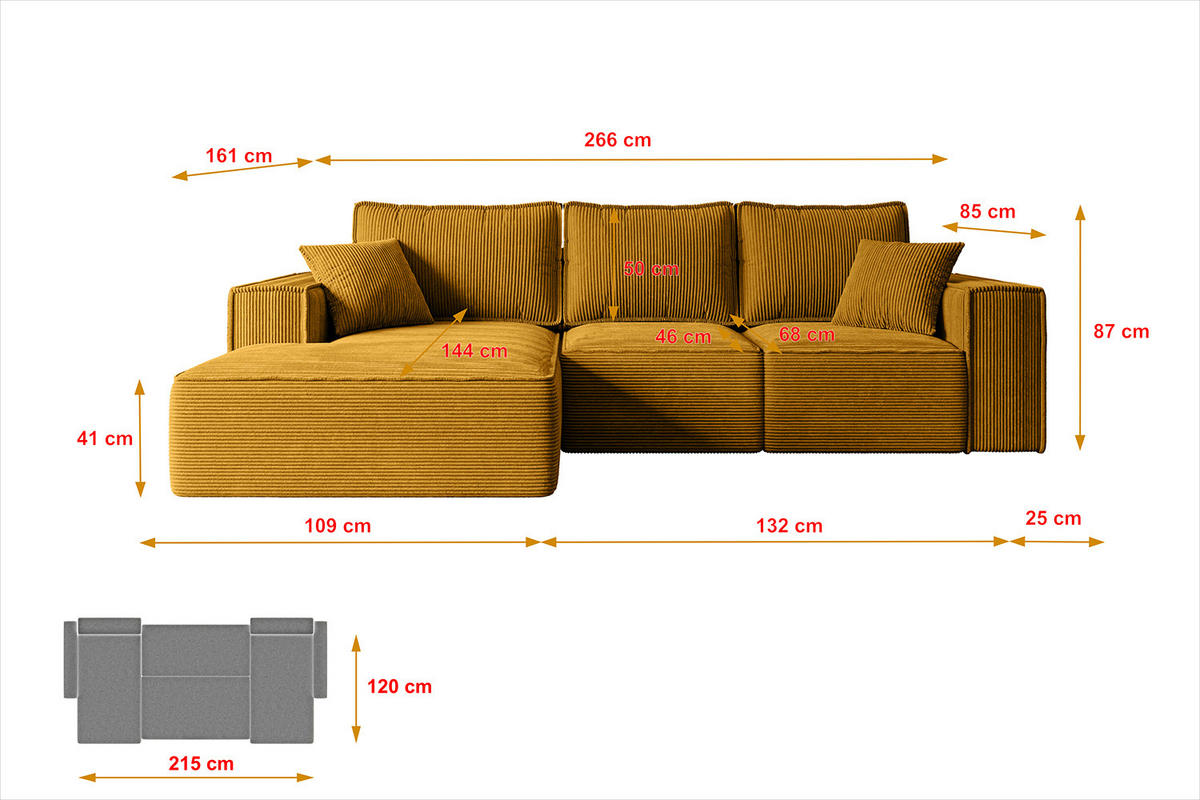 ECKSOFA mit Schlaffunktion und Bettkasten SERRA-L-S - 266x161x87 cm Senfgelb Cord - Currygelb/Schwarz, Holzwerkstoff/Kunststoff (266/161cm) - ALTDECOR
