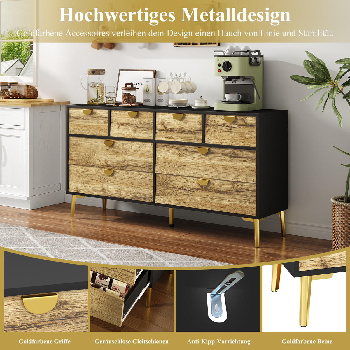SIDEBOARD mit 8 Schubladen Brown und Black 150/40/78 cm - Braun, Holz (40/78/150cm) - Urban Meuble