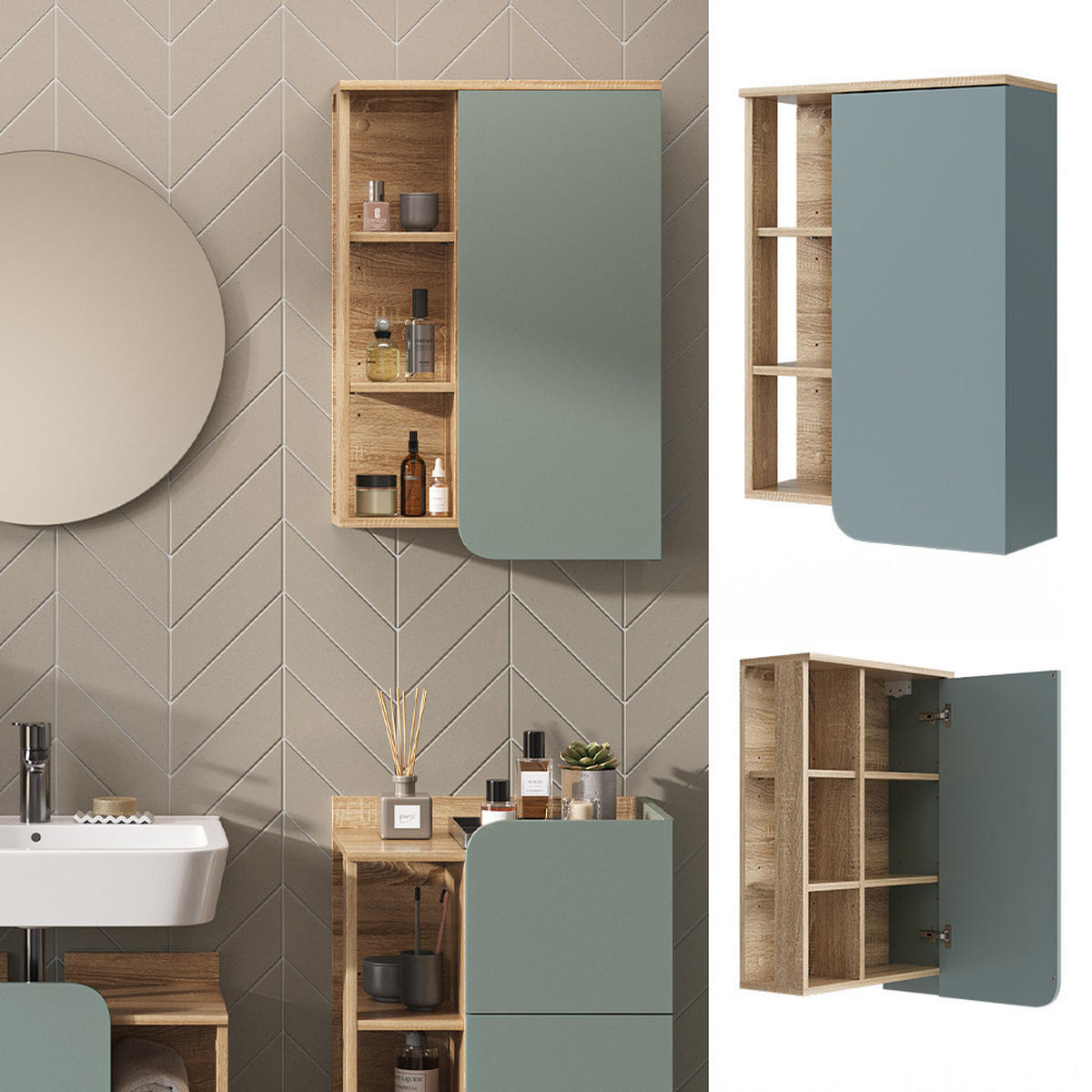 BADSCHRANK Karen Blau-Grau 50 x 75 cm mit Tür und offenen Fächern - Dunkelblau/Sonoma Eiche, Holzwerkstoff (50/75/20cm) - Vicco