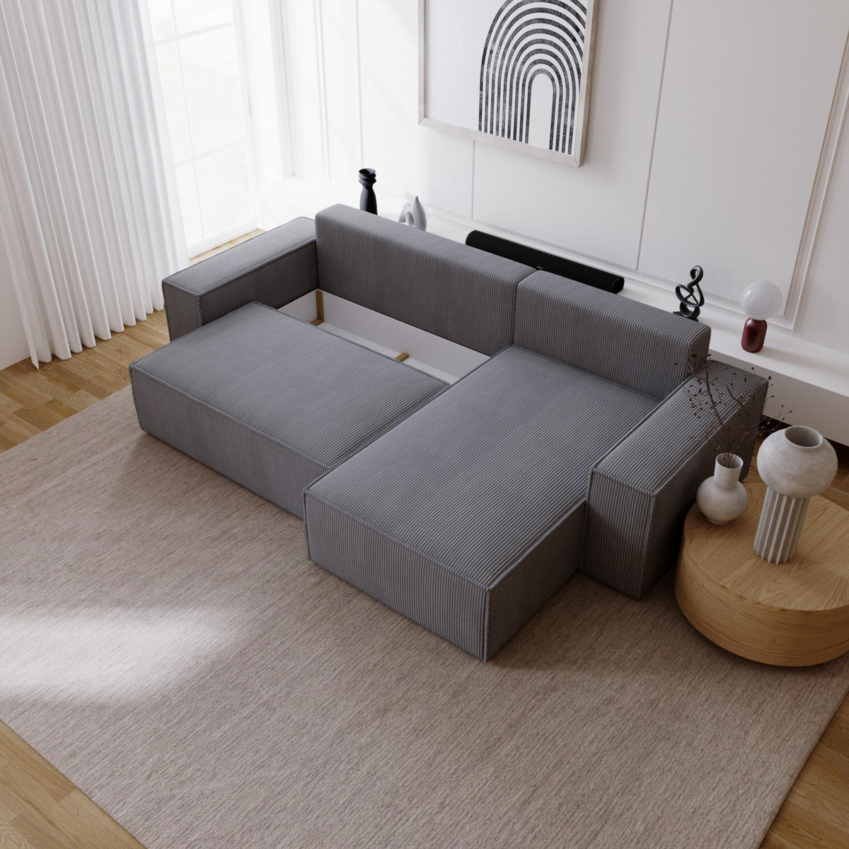 ECKSOFA Bergamo L mit Cordstoff, 280 cm, Schlaffunktion, Rechts - Grau - Grau, Holz (189/277cm) - Emporius