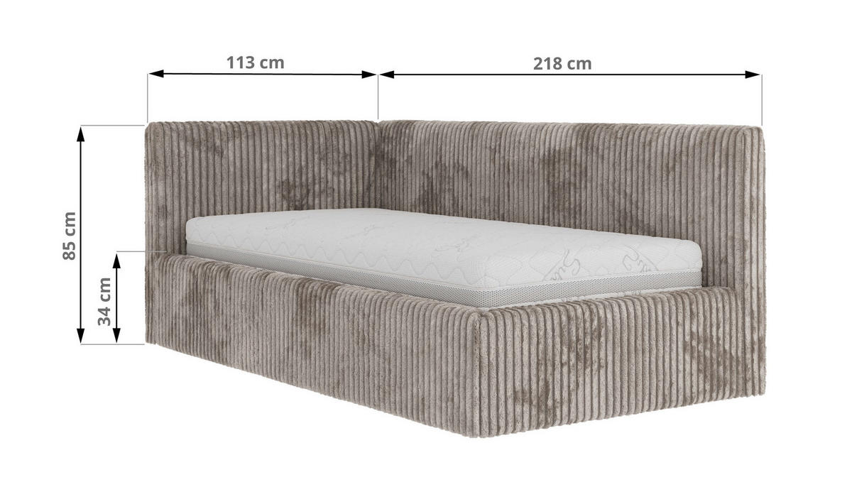 POLSTERBETT TILVO 90/200 - Hellbraun Cord - Schaumstoffmatratze - Rechts - Hellbraun, Textil (200/90cm) - MKS