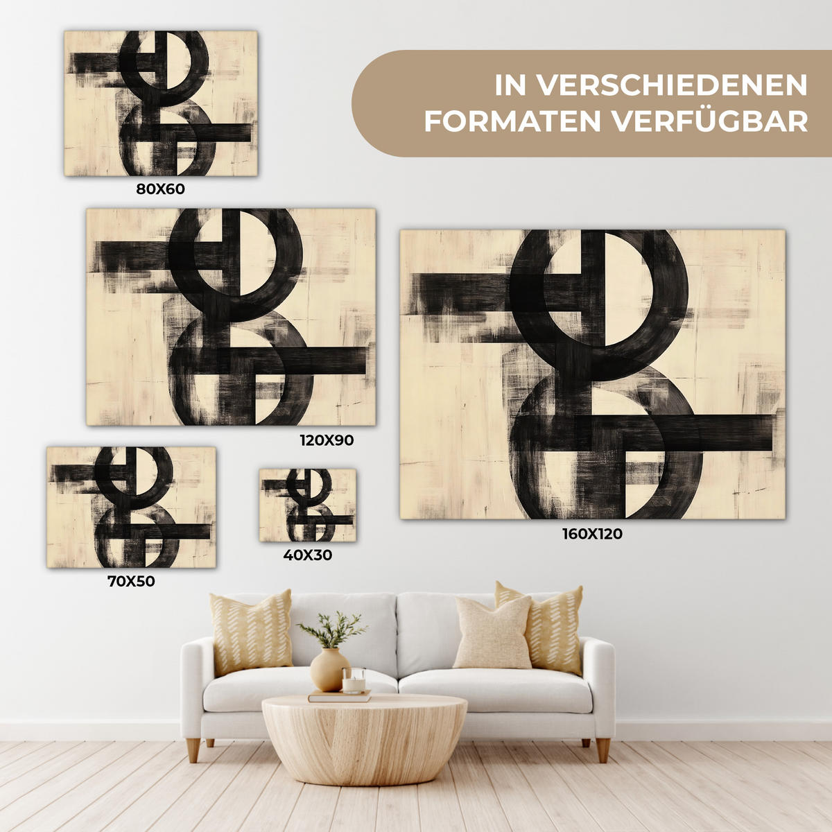 LEINWANDBILD Kreise - Balken - Schwarz - Abstrakt Wandbilder 80x60 cm - Schwarz, Textil (80/60cm) - MuchoWow