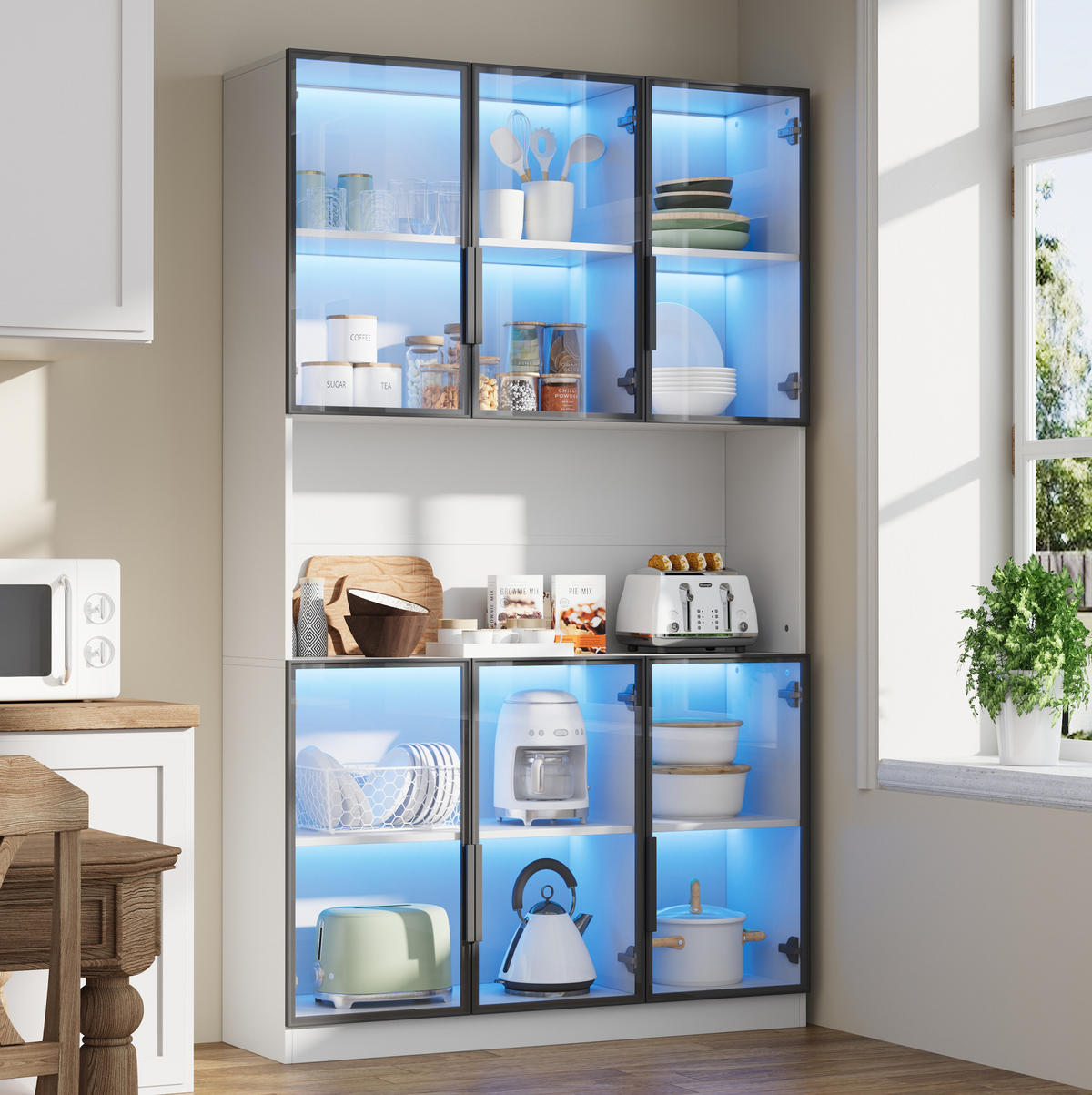 VITRINE 120/34/200 cm in Weiß mit 6 Glastüren und LED-Beleuchtung - Weiß, Holzwerkstoff (120/200/34cm) - Flora Grace