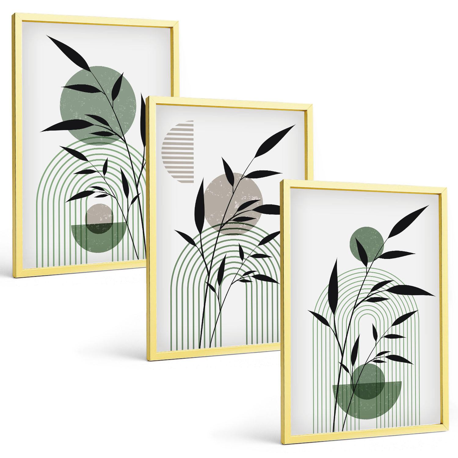 BILDER SET 3er Set - 40x60 cm Goldrahmen - Boho-Pflanzenkompositionen - Goldfarben, Kunststoff (40/60cm) - TULUP