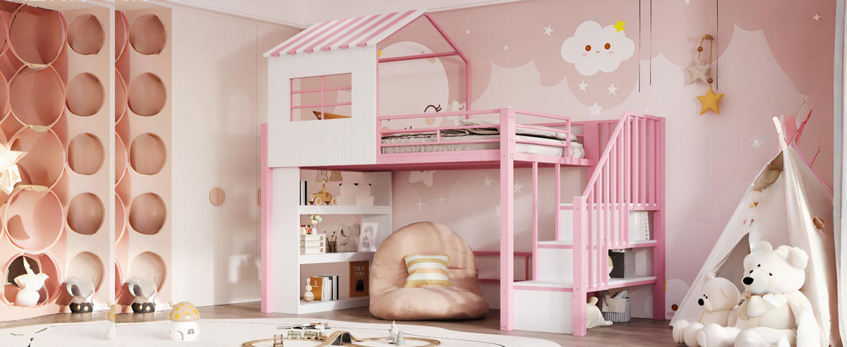 HOCHBETT 90/200 cm in Pink mit Stauraum, Treppe und Regal aus MDF und Metall - Rosa, Holzwerkstoff/Metall (90/200cm) - CHICFURN