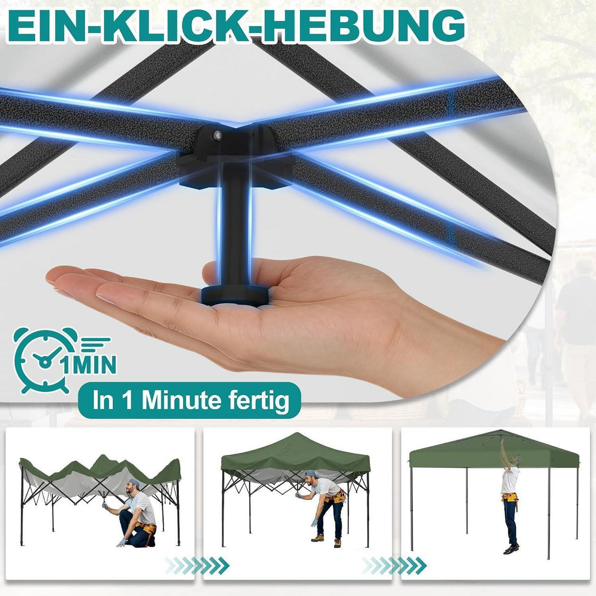 FALTPAVILLON 3x3 m Grün mit One-Touch Lift - Grün, Textil (300/260/300cm)