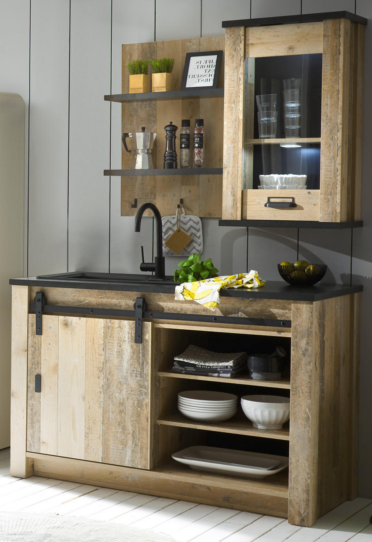 KÜCHENOBERSCHRANK Used Wood, anthrazit 50 cm, Hängeschrank mit Soft-Close - Anthrazit/Schwarz, Glas/Holzwerkstoff (50/90/31cm) - Furn.Design