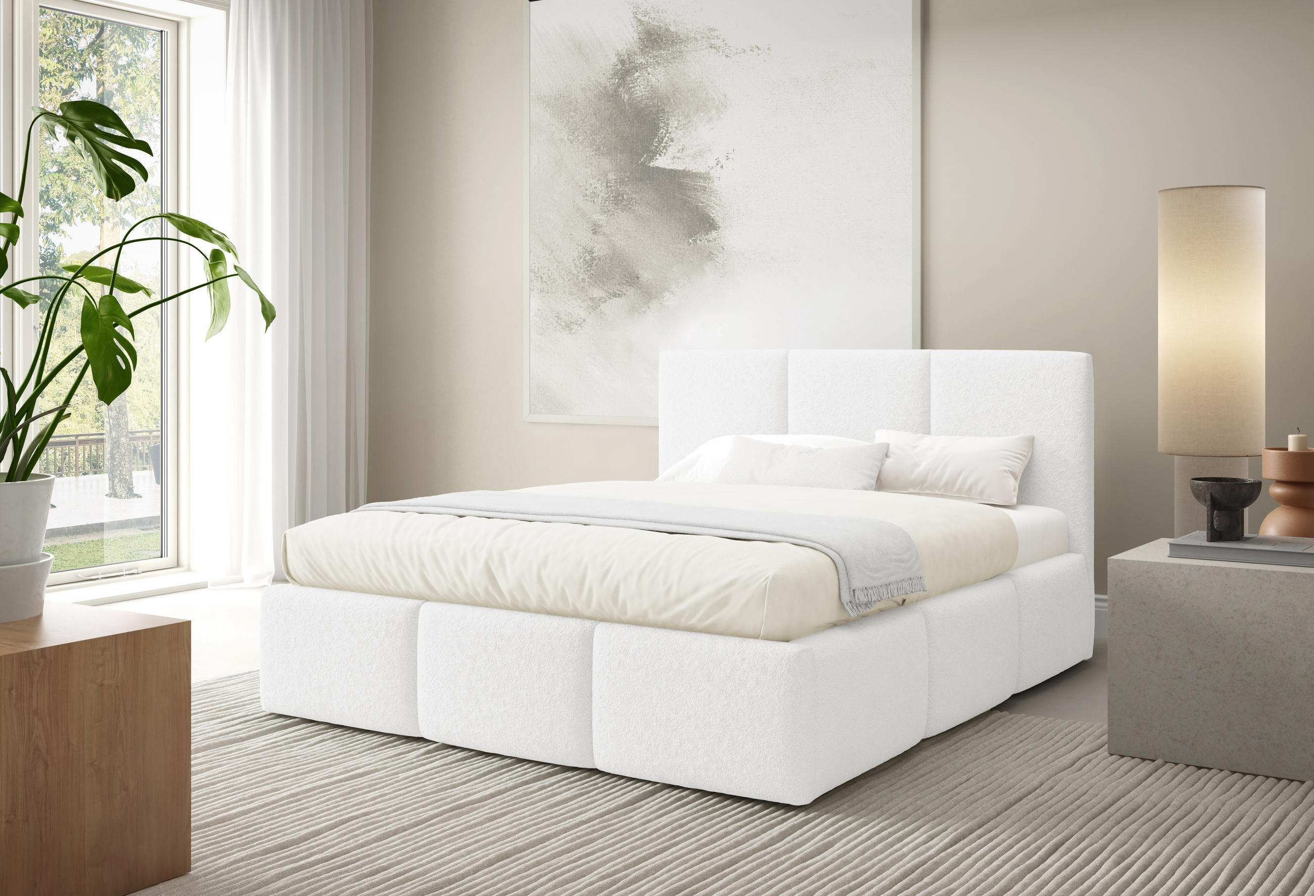 POLSTERBETT VALERIO mit Bettkasten, Bett 180x200,Doppelbett,Lattenrost,Boxspringbett-Optik,ohne Matratze,Schlafzimmer-Weiß - Weiß, Holz (180/200cm) - Furnistar