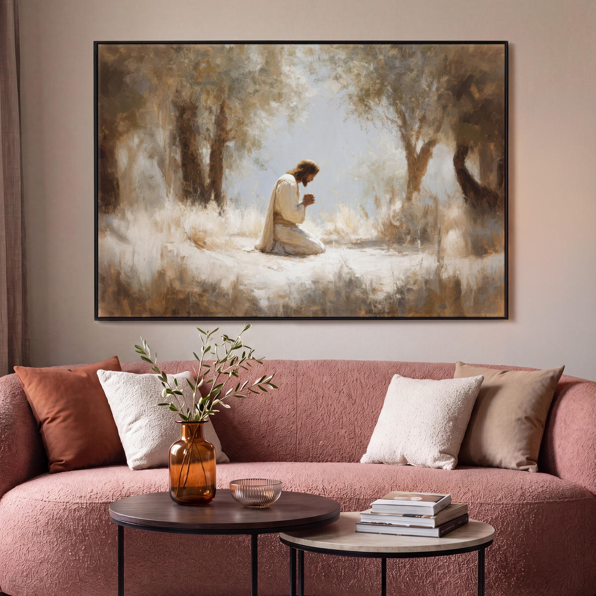 LEINWAND Bilder mit Rahmen - Jesus - Kniend - Waldlandschaft - Betend - 120x80 - Beige, Textil (120/80cm) - MuchoWow