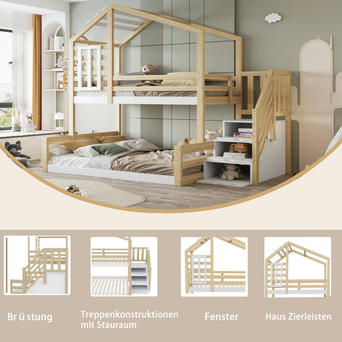 ETAGENBETT 90/200 & 140/200 cm mit Hausdesign, Fenster, Stauraumtreppe und Rundumgeländer aus Kiefer , Natur - Naturfarben, Holzwerkstoff (90/200cm) - Redom