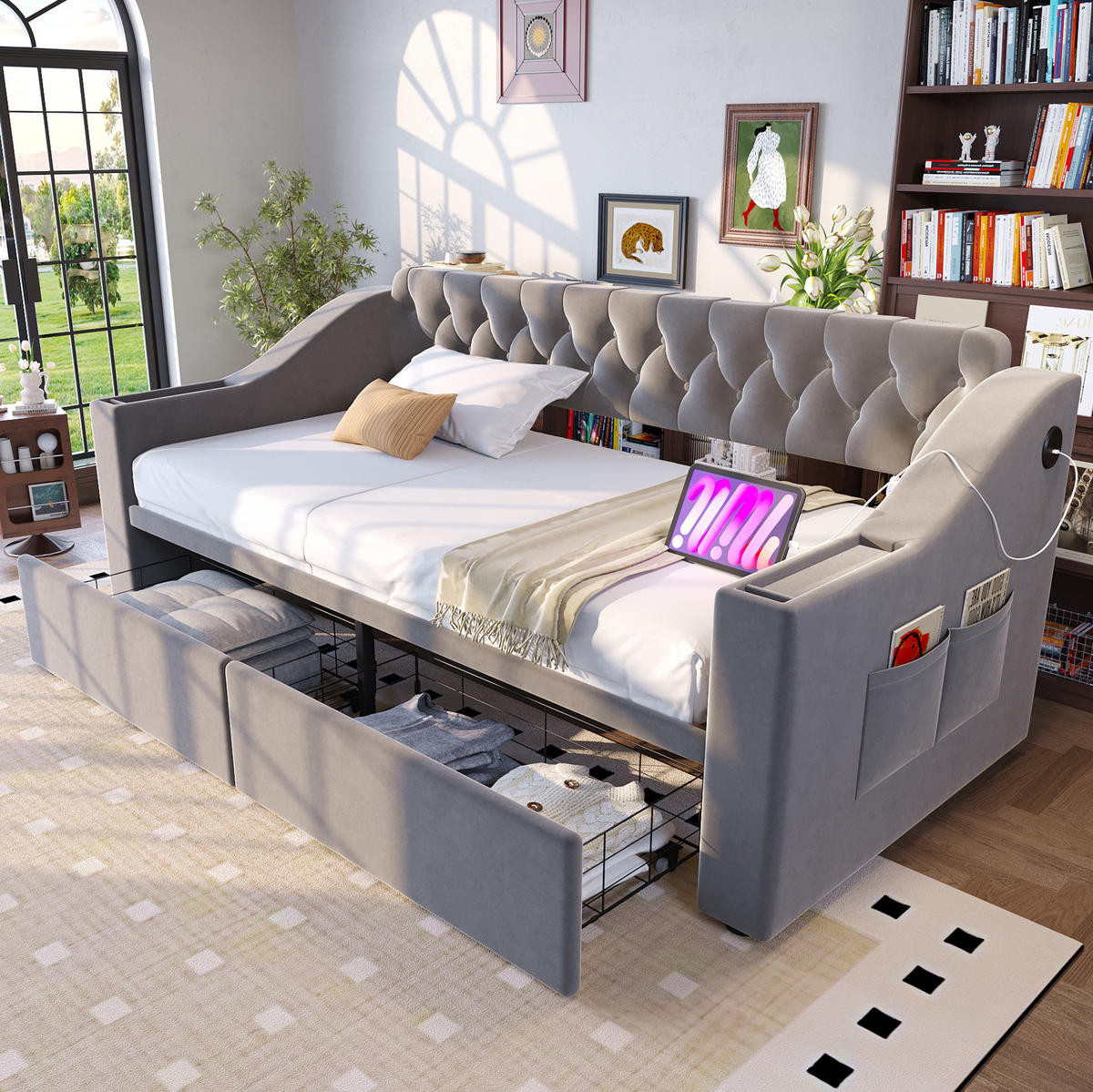 POLSTERBETT 90/190 cm aus Samt mit Stauraum und USB- und Type-C-Anschlüssen - Hellgrau, Textil (90/190cm) - Flora Grace