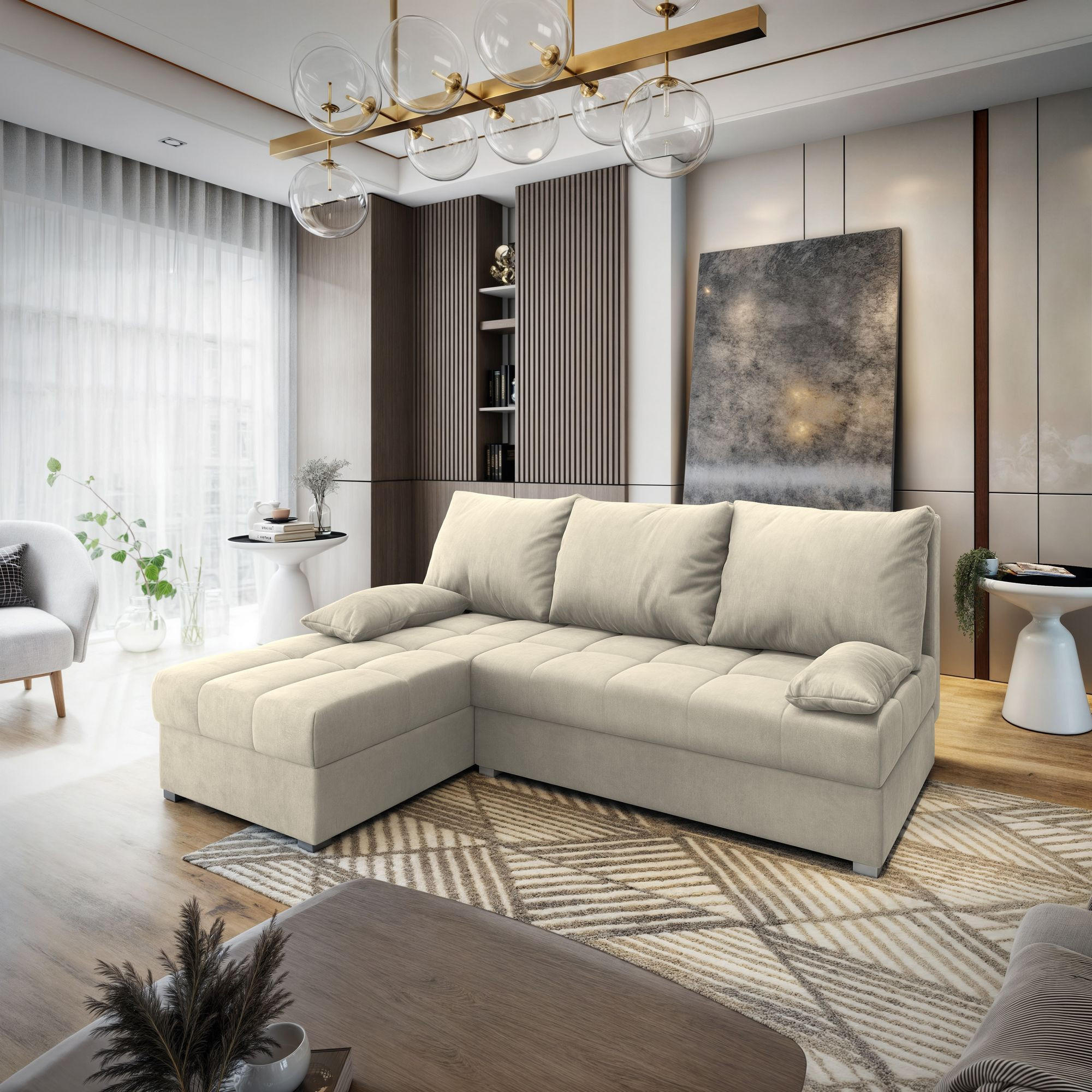 ECKSOFA RITA M Creme Velours-Stoff mit Schlaffunktion - Creme, Holz (200/141cm) - MASSENO