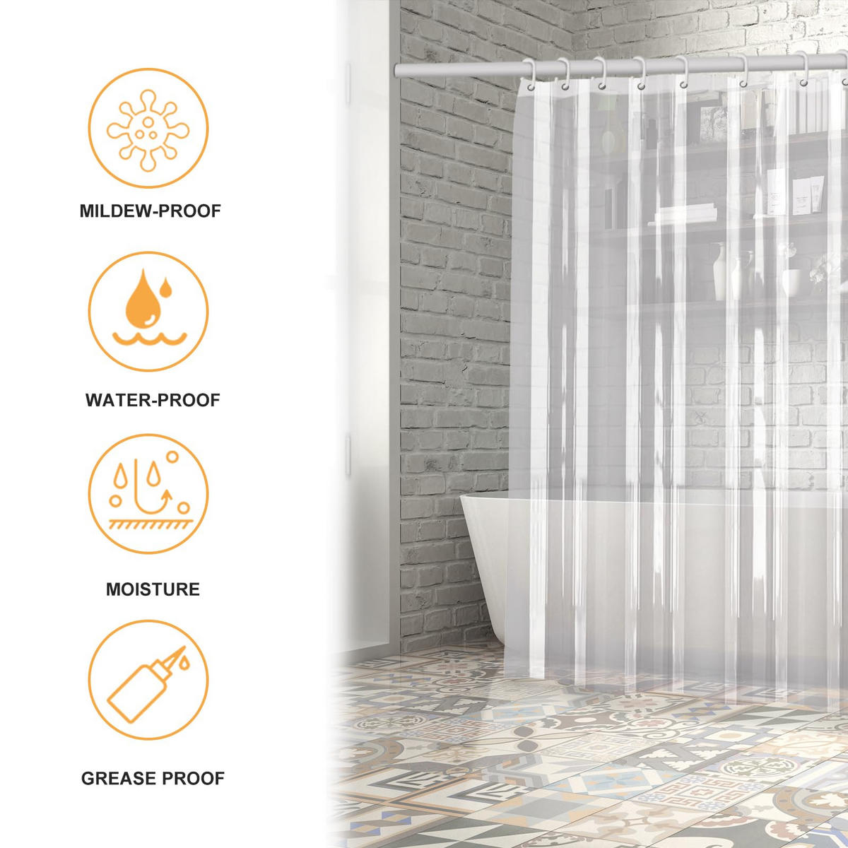 DUSCHVORHANG transparent fürs Badezimmer wasserdicht EVA schimmelresistent mit Haken - Transparent, Kunststoff (180/180cm) - MCBOSON