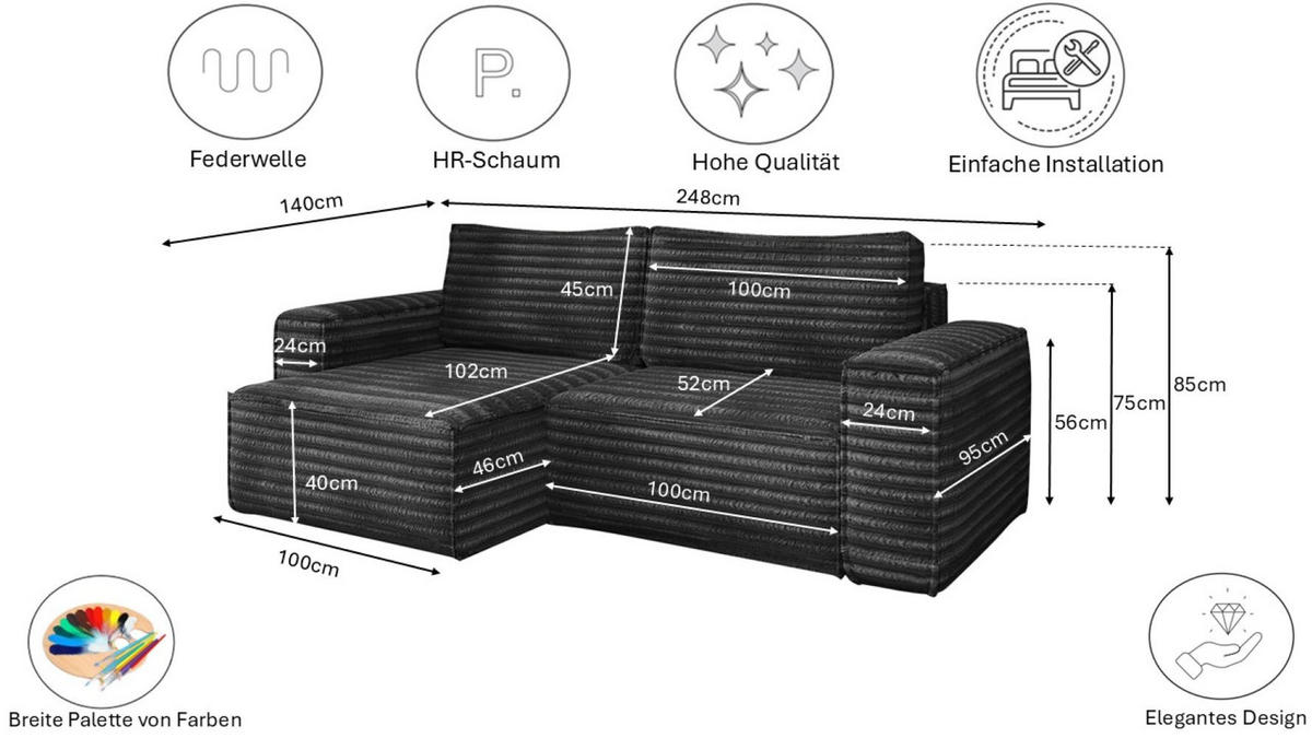 ECKSCHLAFSOFA Bohoo-Ecksofa mit Schlaffunktion stoff Velo Dunkelgrau Rechts - Dunkelgrau, Holz/Textil (248/140cm) - Kaiser Möbel