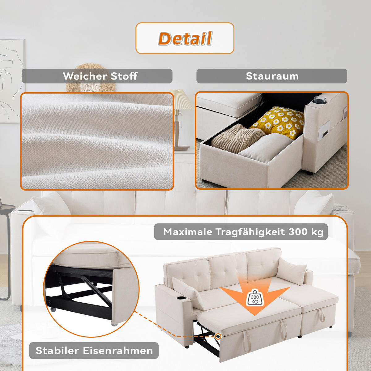 SCHLAFSOFA 211/130 cm mit Bettkasten und Chaiselongue in Beige - Beige, Textil (130/86/211cm) - BEAOK