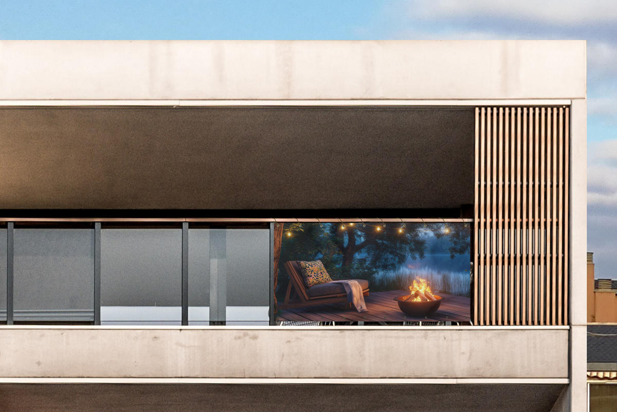 BALKON-SICHTSCHUTZ Lagerfeuer - See - Abendlicht - Dunkelblau, Kunststoff (300/130cm) - MuchoWow