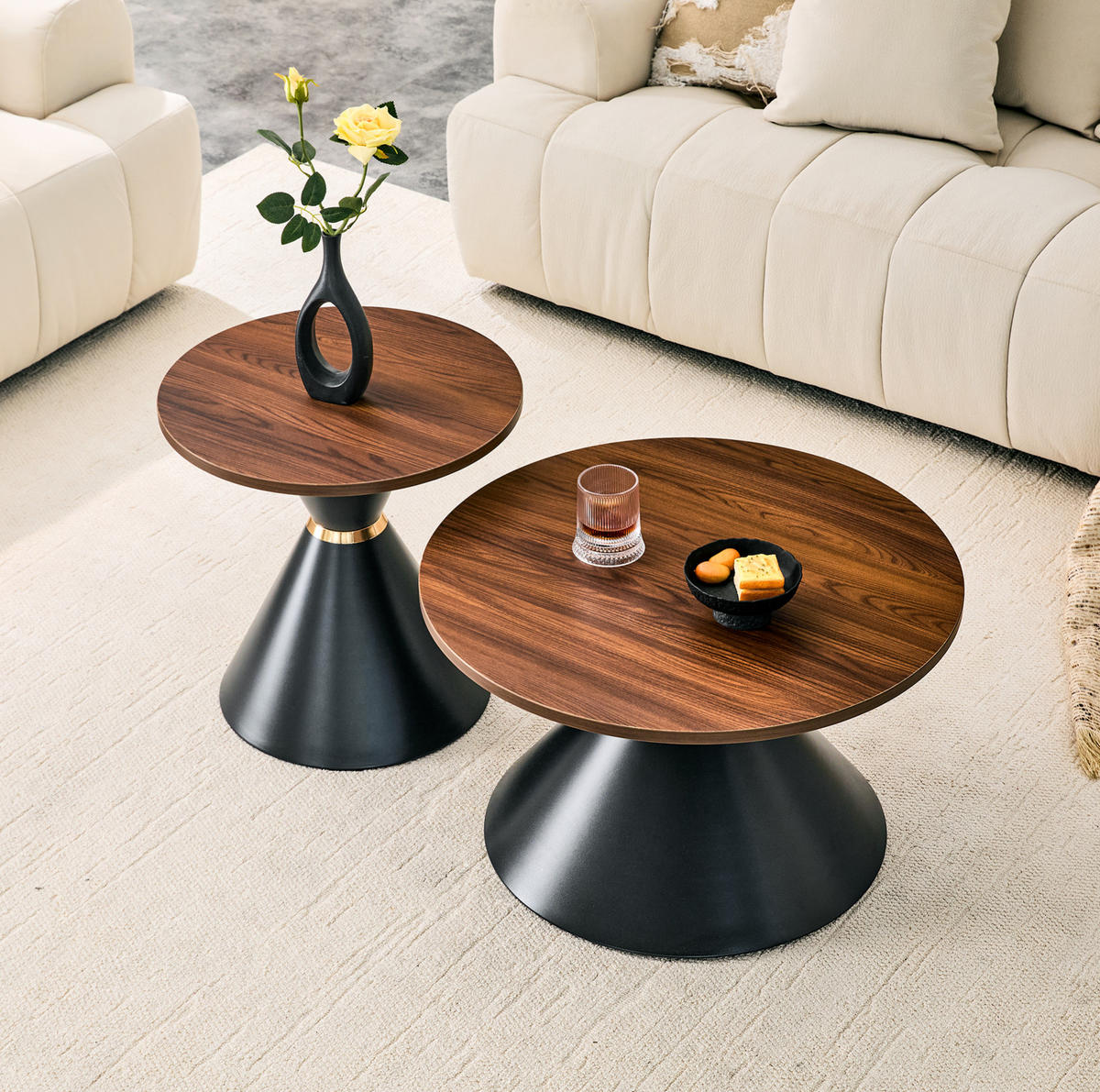 COUCHTISCH-SET 70/70/42,5 cm walnussfarben/schwarz aus Metall mit Konusform - Walnussfarben, Metall (70/70/42.5cm) - OKWISH