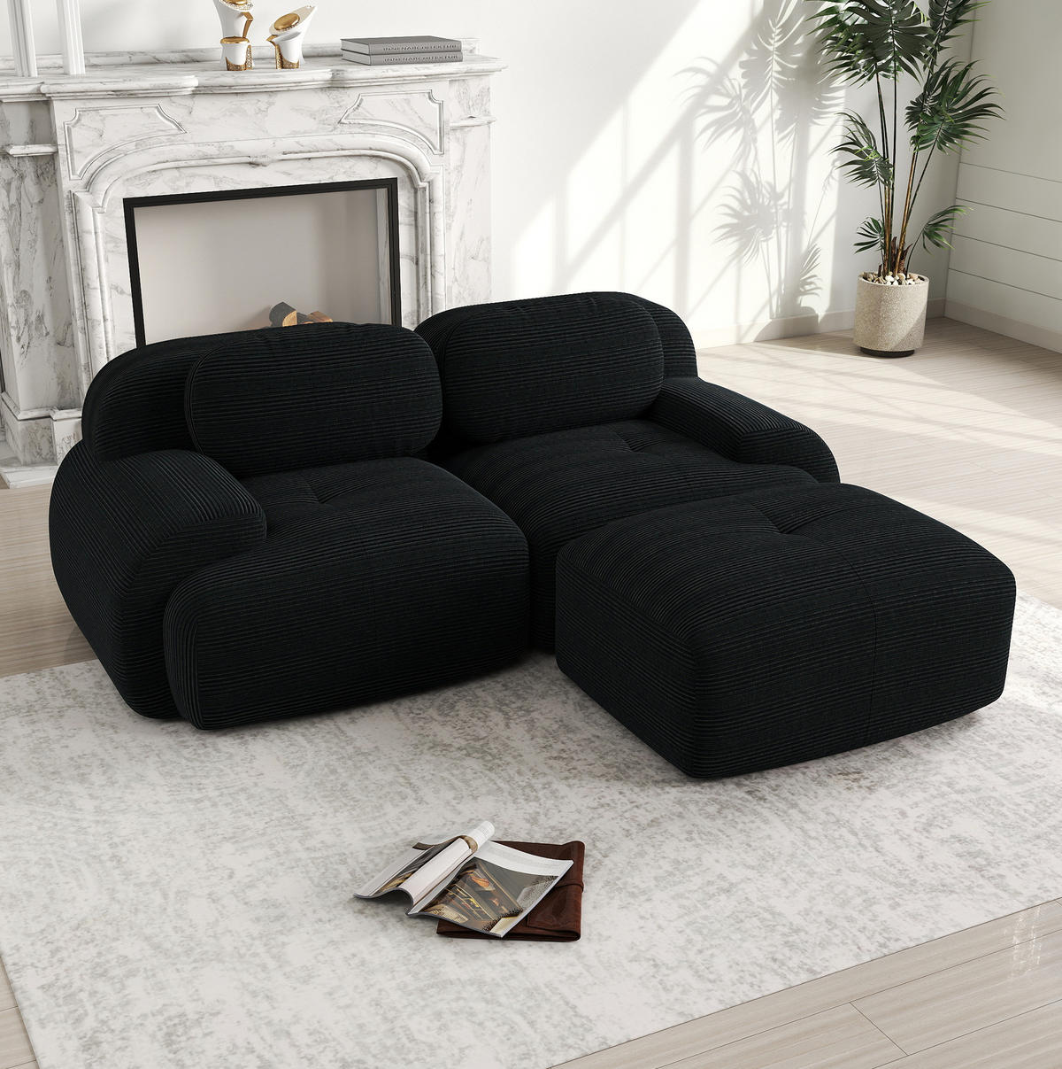 ECKSOFA modular, rahmenlos, mit geschwungenen Armlehnen und Cordbezug, Schwarz - Schwarz, Textil (208/178cm) - Redom