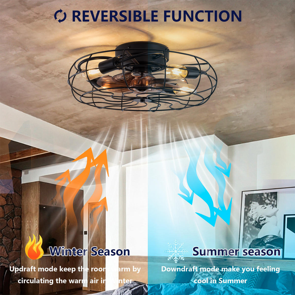 DECKENVENTILATOR 19Zoll Käfig Design LED Licht Industrie Schwarz - Schwarz, Kunststoff (50/50/17cm) - CASIVA