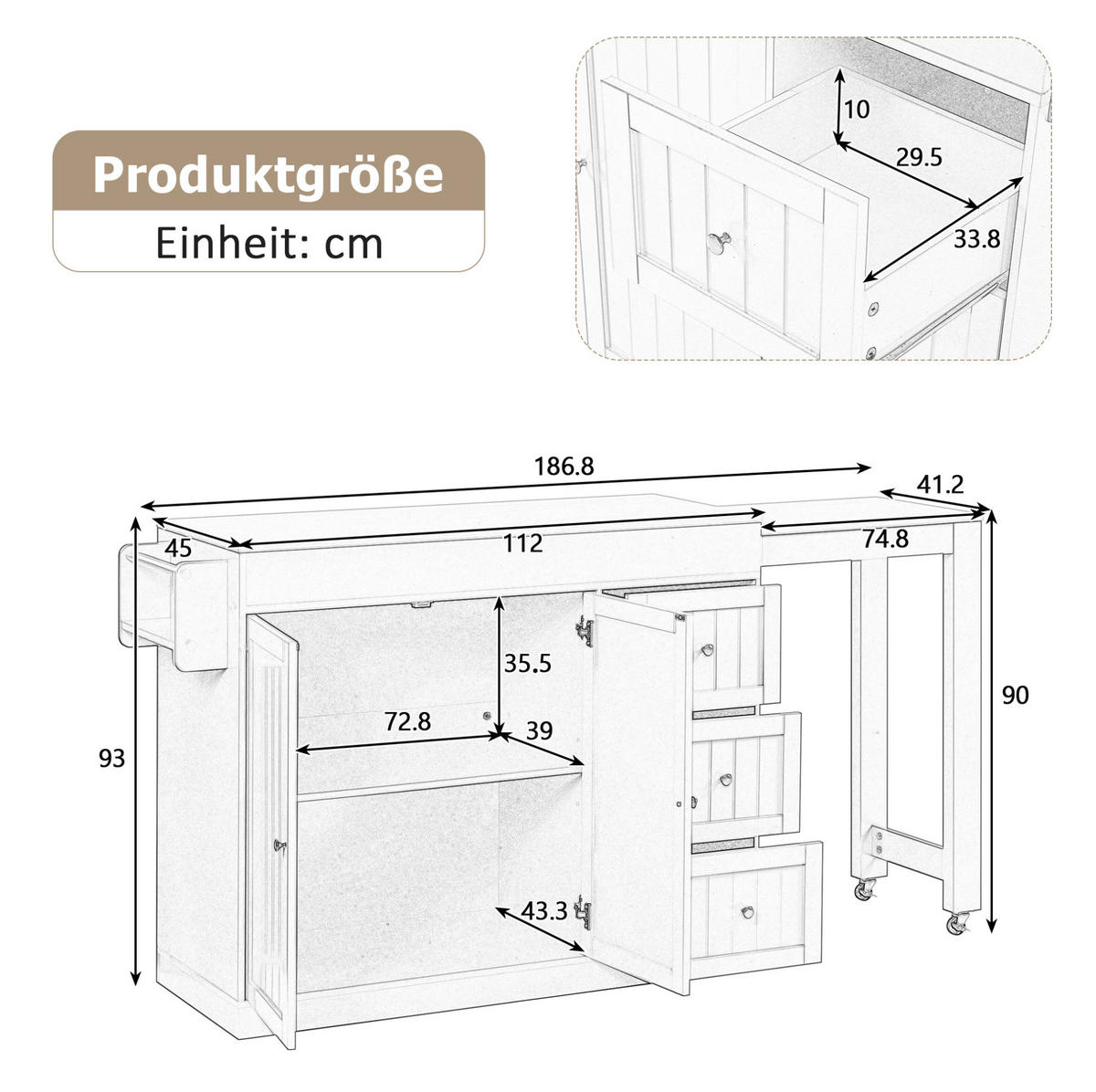 KÜCHENINSEL 112-186,8/45/93 cm mit ausziehbarer Arbeitsplatte, 3 Schubladen und Gewürzregal, MDF/Spanplatte, Weiß - Weiß, Holzwerkstoff (130/93/45cm) - Redom