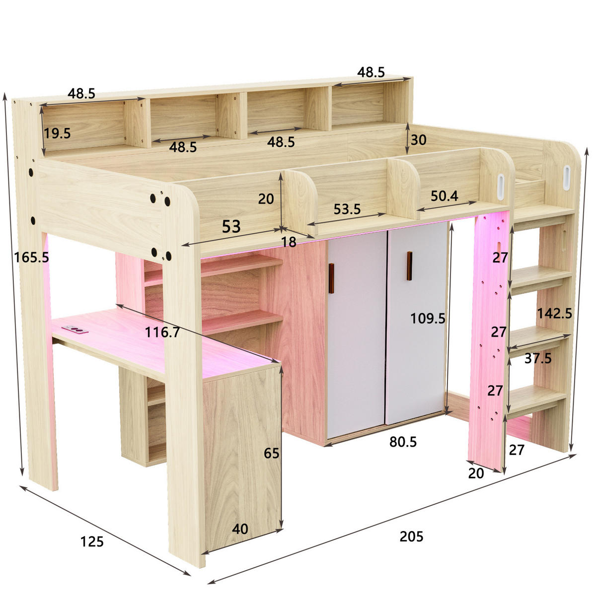 HOCHBETT aus MDF, Spanplatte und Sperrholz 90x200 cm Holzfarbe mit Schreibtisch, Kleiderschrank, LED-Beleuchtung und Steckdose - Naturfarben, Holzwerkstoff (90/200cm) - Modfu