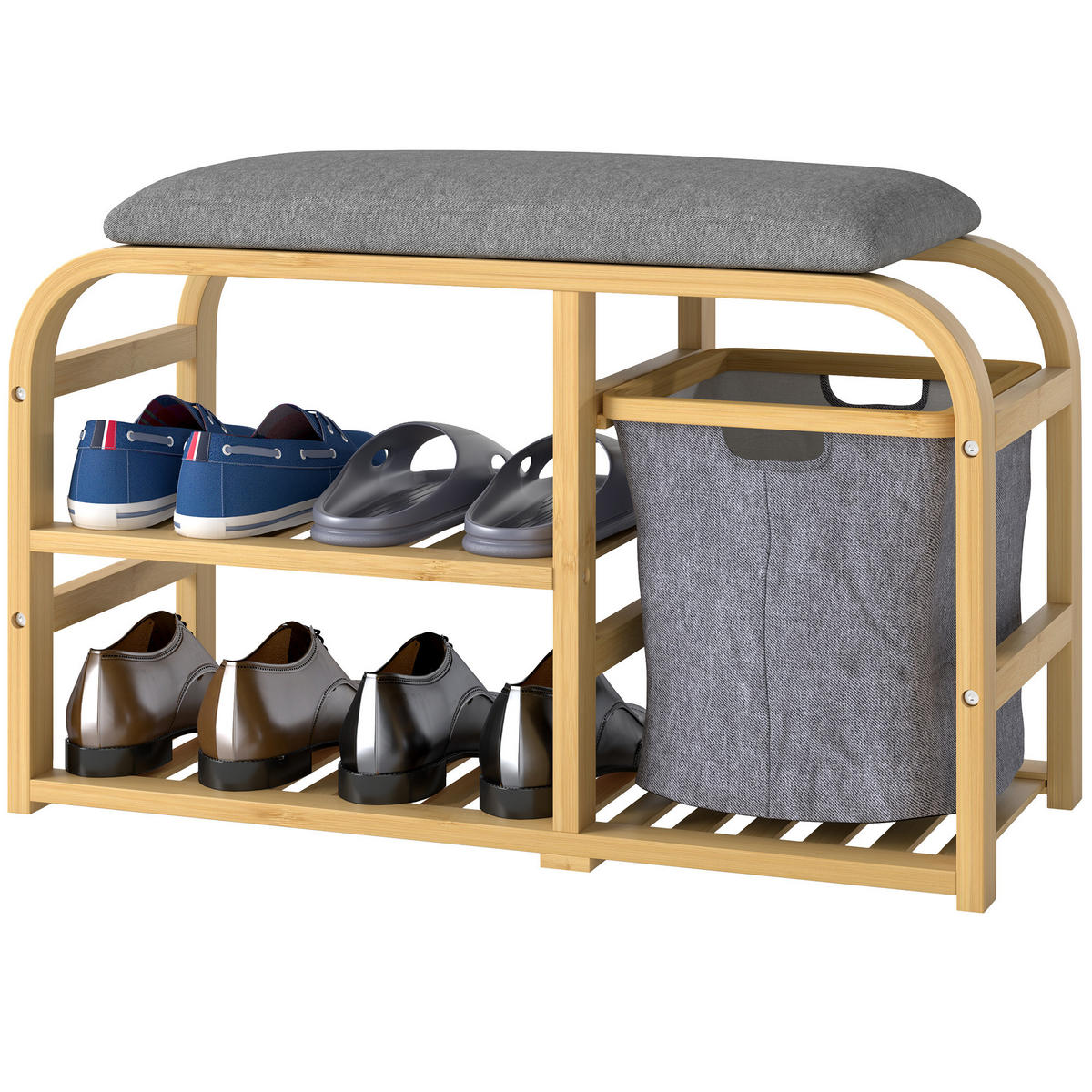 SCHUHBANK Natur mit Sitzkissen und Korb 70/30/45 cm - Naturfarben, Holz (70/45/30cm) - PANGIVO