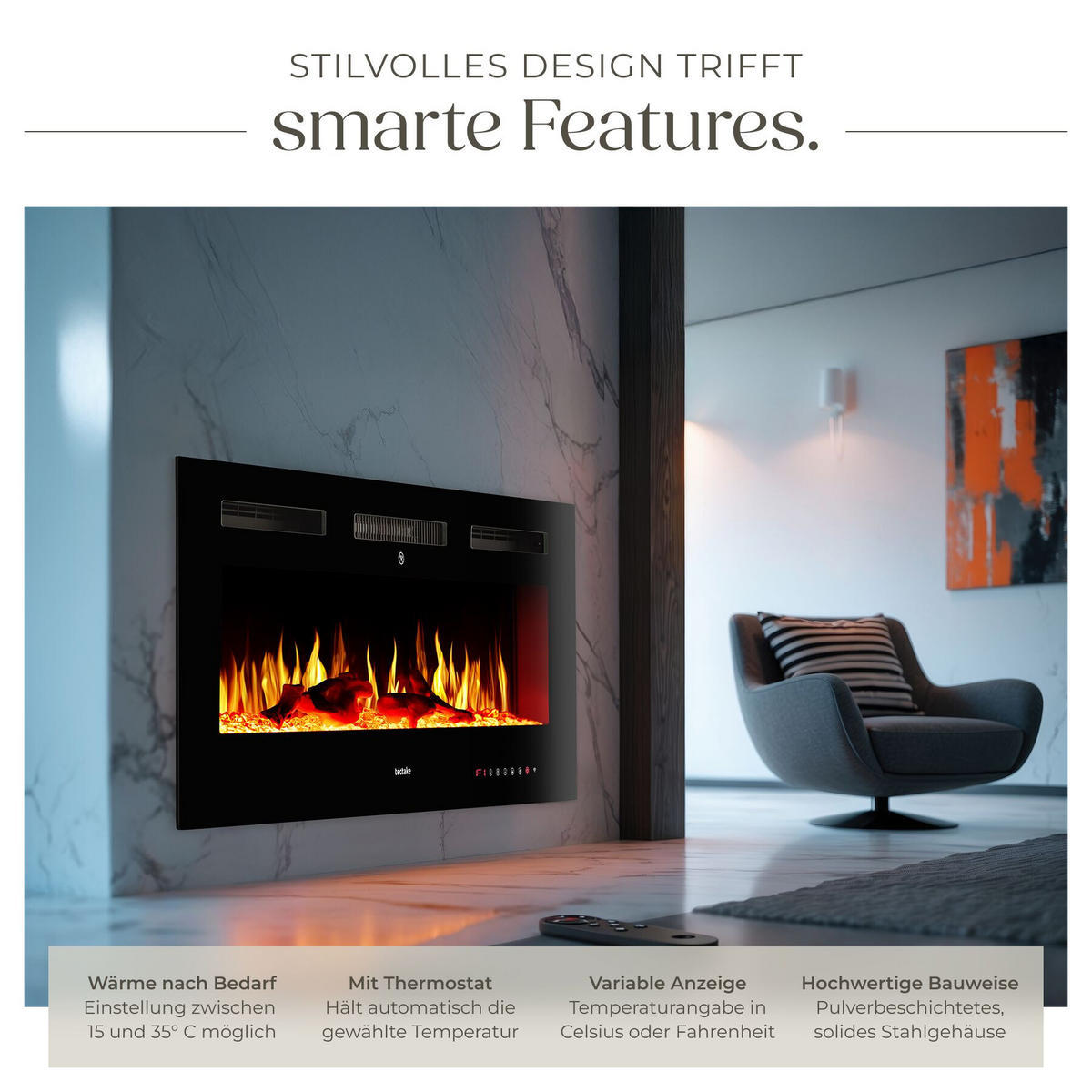 ELEKTRO-WANDKAMIN Luci, mit Fernbedienung und App-Steuerung, integriertes Thermostat, schwarz - Schwarz, Metall (106.5/43/12cm) - tectake