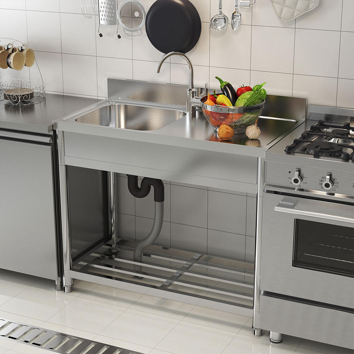 SPÜLBECKEN mit Abtropffläche aus Edelstahl in Silber Robuste Ausführung Großzügiges Einzelbecke Integrierte Rückwand 100 x 50 x 90 cm - Silberfarben, Metall (100/90/50cm) - Livingandhome