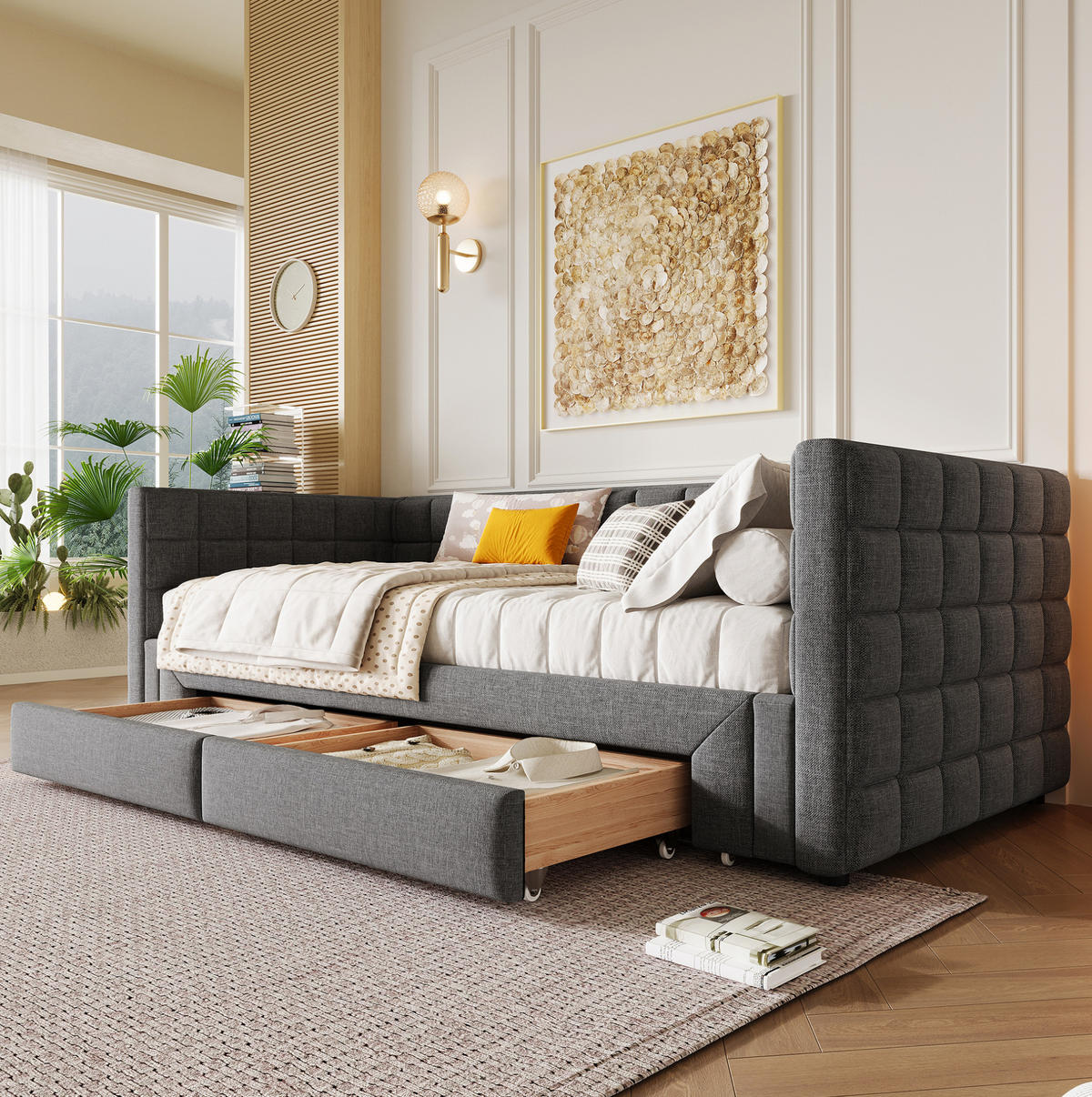 TAGESBETT 90/200 cm aus Samt mit Ausziehfunktion, quadratischer Rückenlehne und 2 Schubladen, Grau - Grau, Textil (90/200cm) - Redom