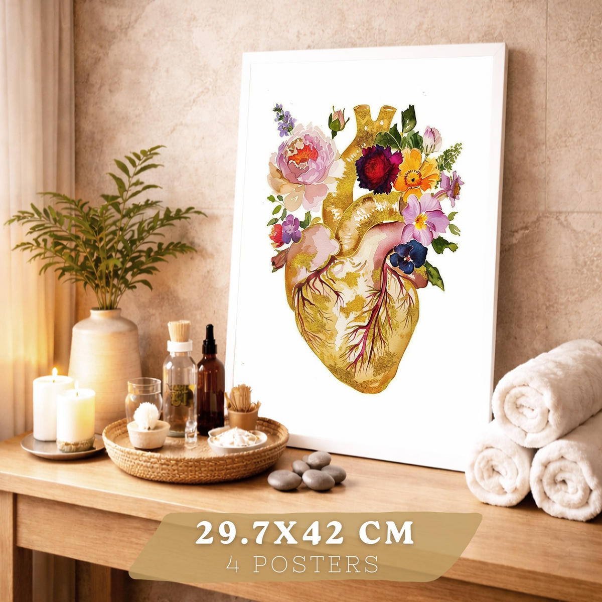 POSTER Set aus 4 Anatomie Mensch Drucke und mit Herz Gehirn Schädel Lungen Luftröhre Bronchien Goldener Floraler Stil Größe Weißer Rahmen A3 - Weiß, Papier (29.7/42/3cm) - Nacnic